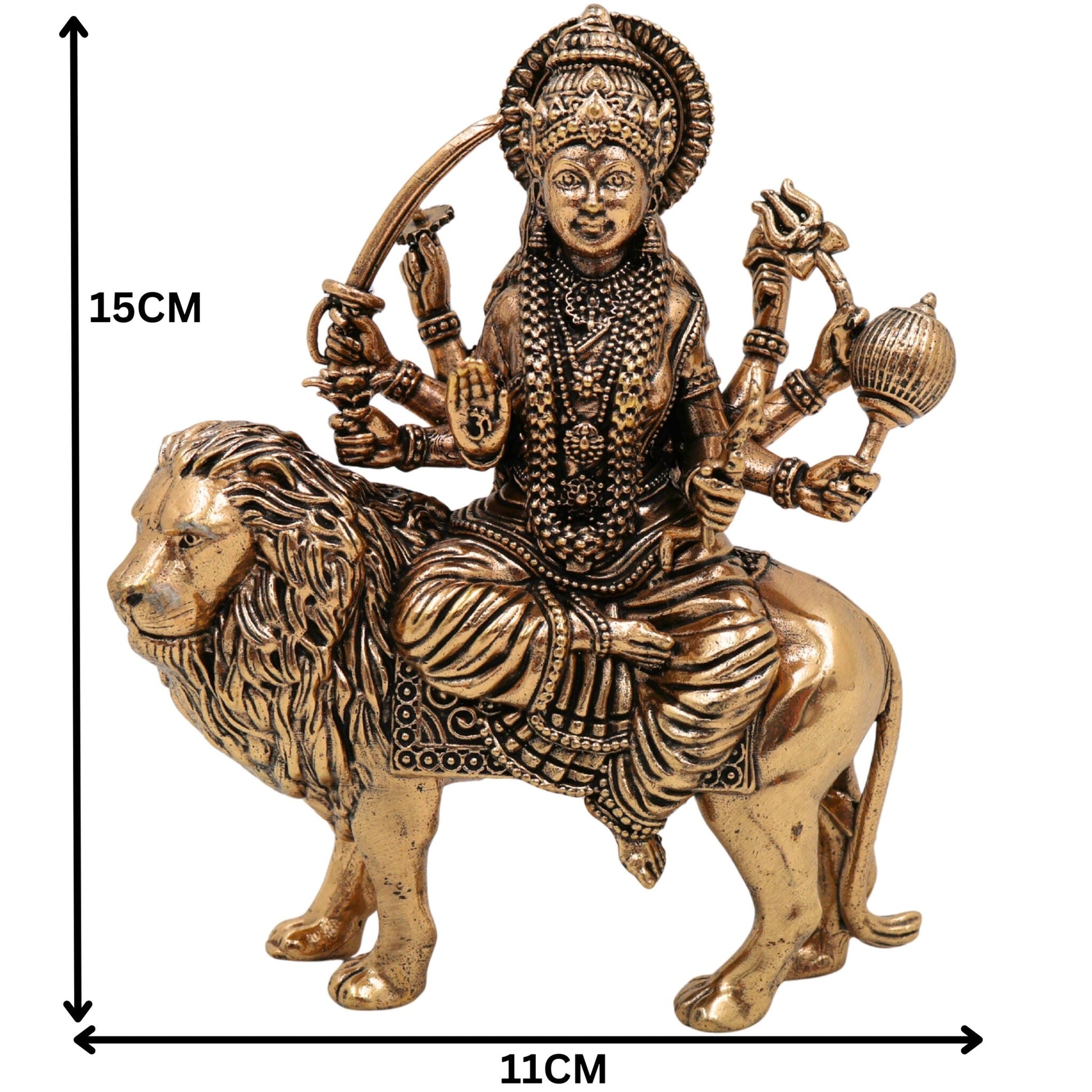 Brass Durga Idol, Maa Durga Murti, Shakti Vigraha, Bhavani Statue, Ambika Pooja Idol, Mahishasuramardini Home Temple Decor, Gold, 6 Inch, 1 Piece