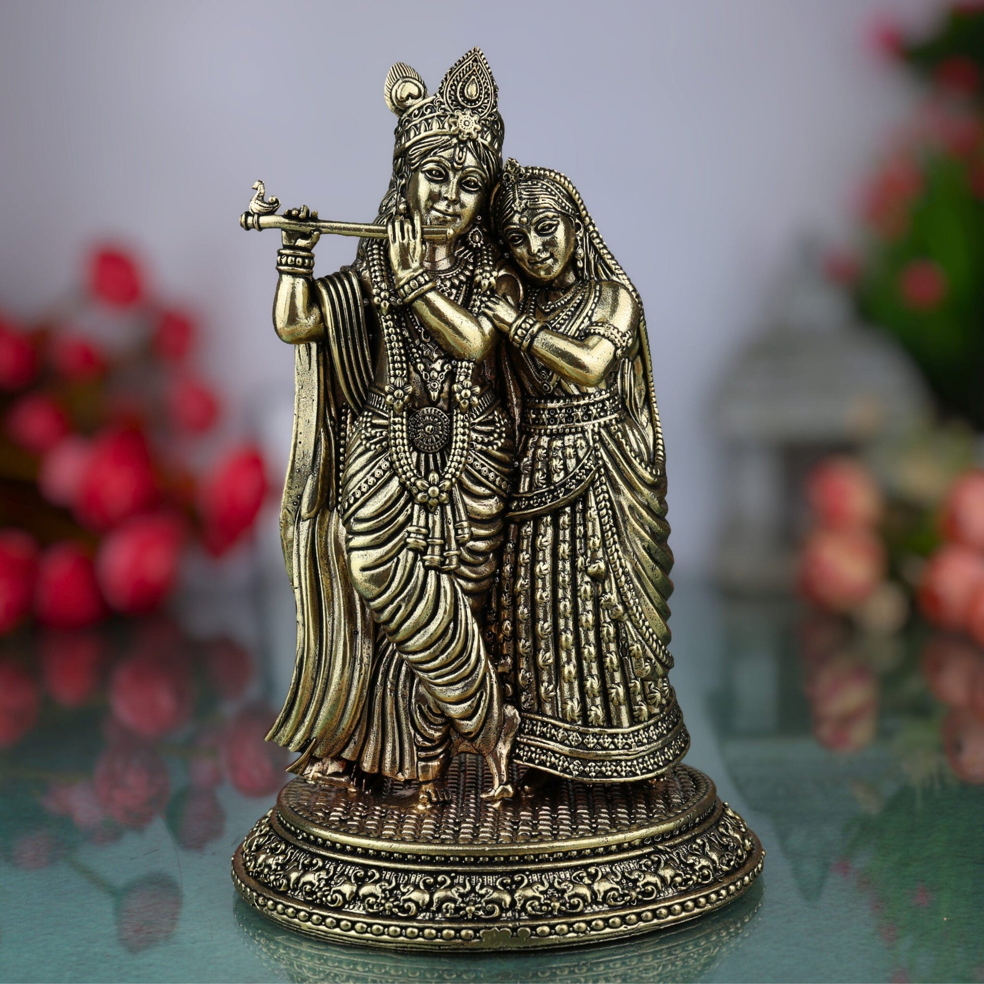 Brass Radha Krishna Idol Murti, Handcrafted Radha Mohan, Shyam Sundar, Radheshyam Statue for Pooja, Home Decor, Temple, Gifts, Gold, 8 Inch, 1 Piece