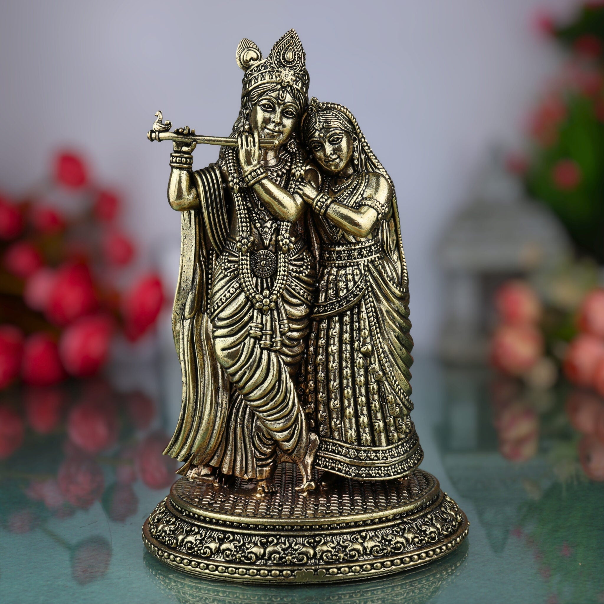 Brass Radha Krishna Idol Murti, Handcrafted Radha Mohan, Shyam Sundar, Radheshyam Statue for Pooja, Home Decor, Temple, Gifts, Gold, 8 Inch, 1 Piece