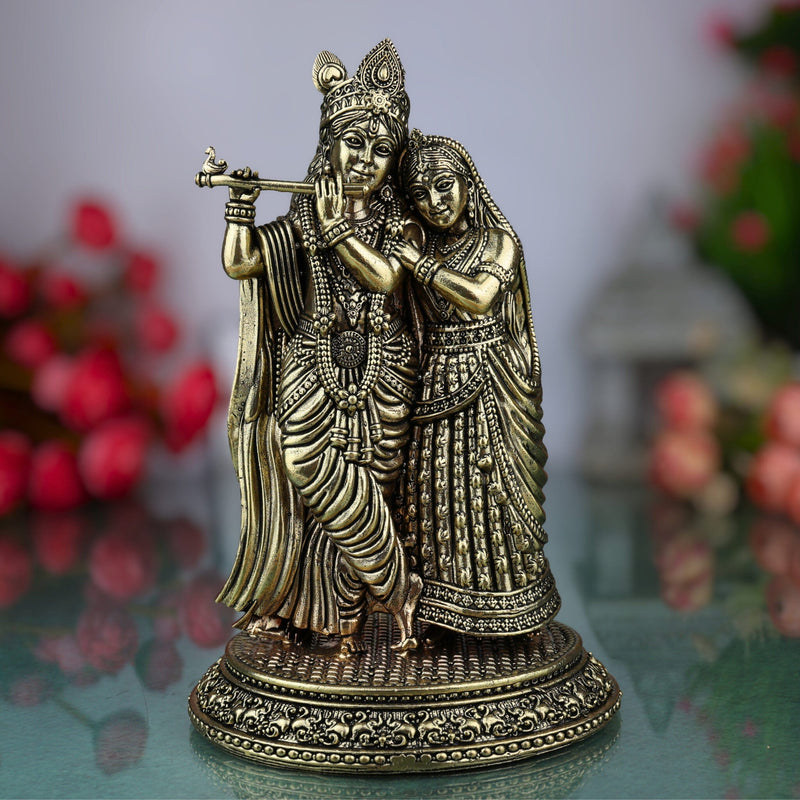 Brass Radha Krishna Idol Murti, Handcrafted Radha Mohan, Shyam Sundar, Radheshyam Statue for Pooja, Home Decor, Temple, Gifts, Gold, 8 Inch, 1 Piece