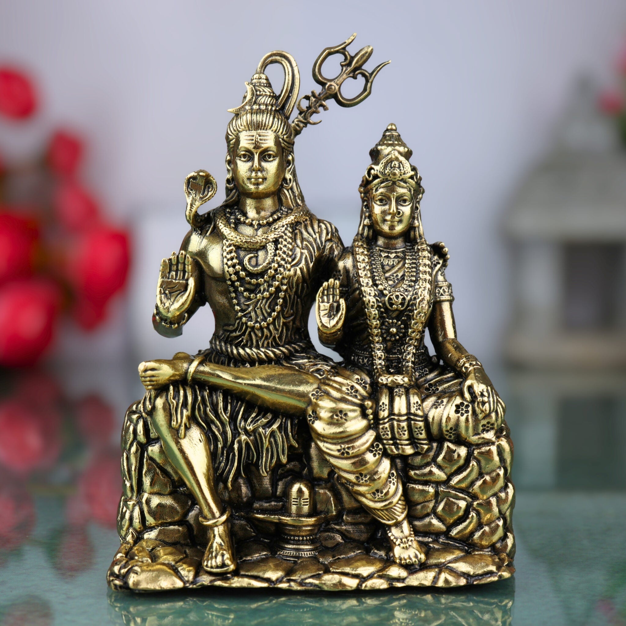 Brass Shiva Parvati Idol, Handcrafted Shiva Shakti Murti, Ardhanarishwar Vigraha, Mahadev Parvati Statue for Pooja & Home Decor, Gold, 4.5 Inch, 1 Piece