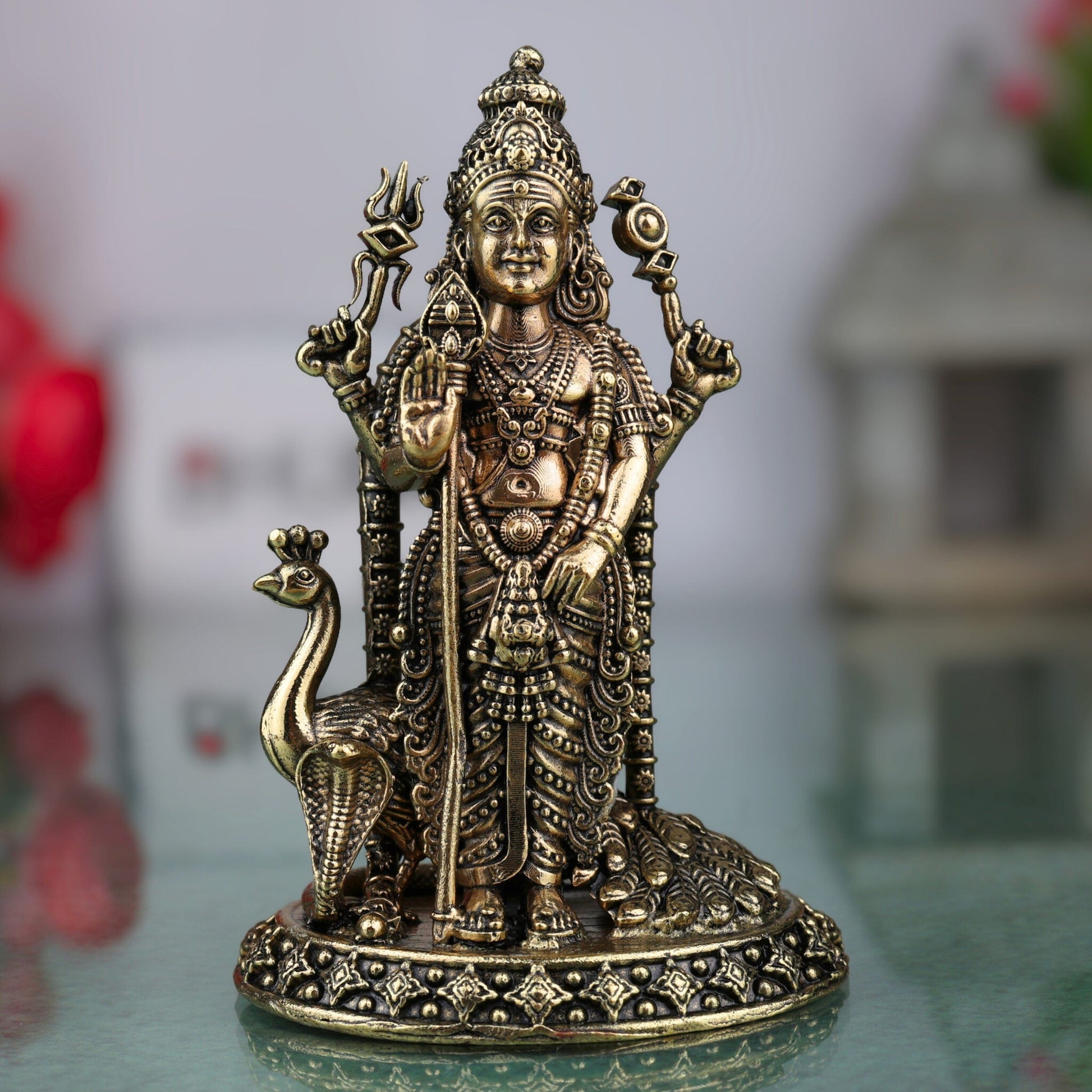 Brass Murugan Idol, Karthikeya Statue, Skanda Murti, Subramanya Miniature Sculpture for Pooja, Home Decor & Temple, Gold, 6 Inch, 1 Piece