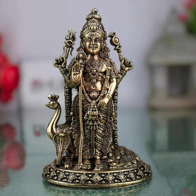 Brass Murugan Idol, Karthikeya Statue, Skanda Murti, Subramanya Miniature Sculpture for Pooja, Home Decor & Temple, Gold, 6 Inch, 1 Piece