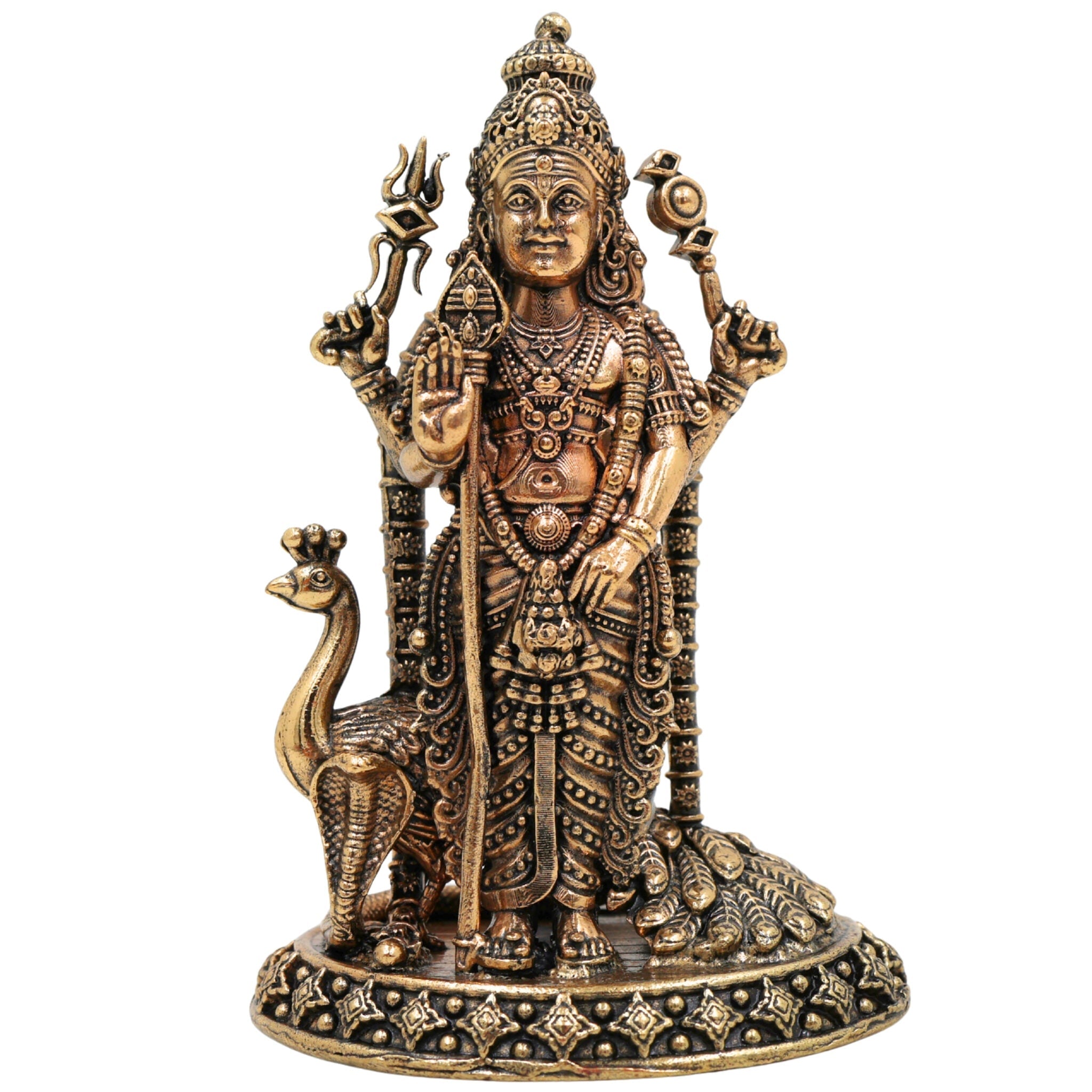 Brass Murugan Idol, Karthikeya Statue, Skanda Murti, Subramanya Miniature Sculpture for Pooja, Home Decor & Temple, Gold, 6 Inch, 1 Piece