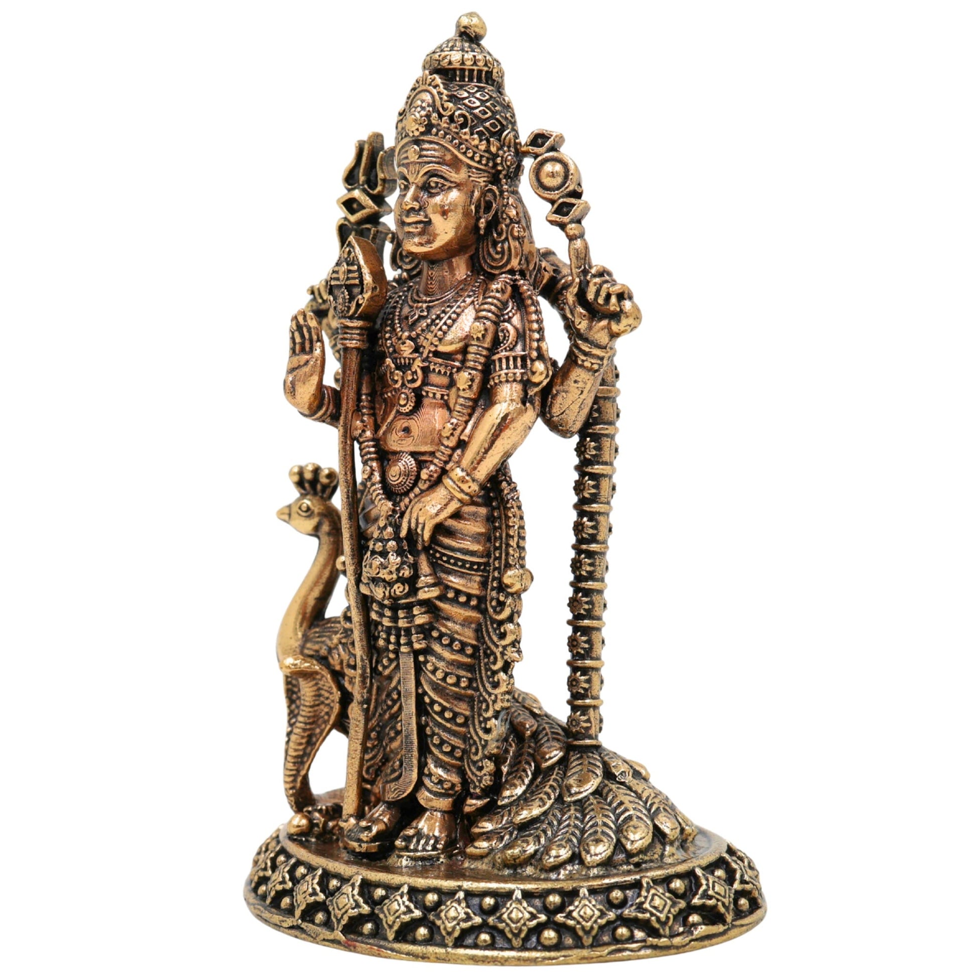 Brass Murugan Idol, Karthikeya Statue, Skanda Murti, Subramanya Miniature Sculpture for Pooja, Home Decor & Temple, Gold, 6 Inch, 1 Piece