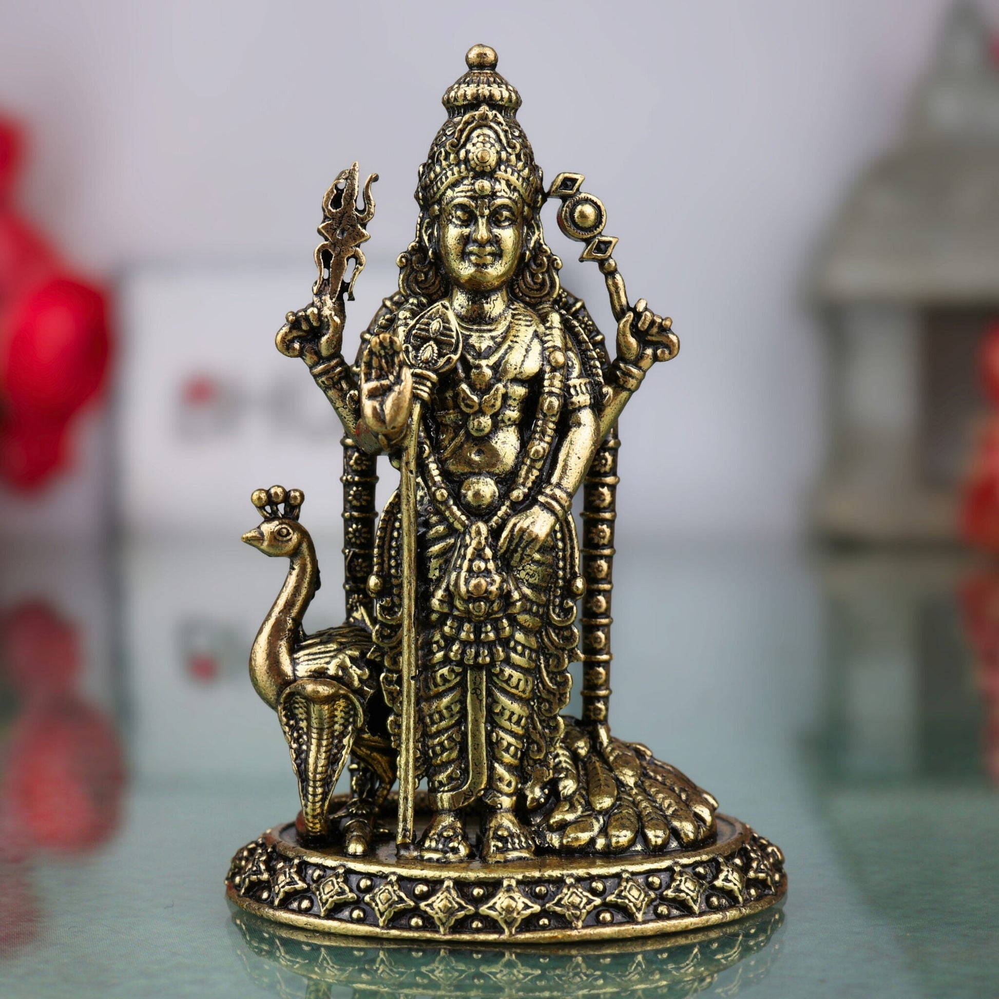 Brass Murugan Idol, Handcrafted Kartikeya, Skanda, Subramanya Miniature Murti for Pooja, Home Decor & Spiritual Gifts, Gold, 4 Inch, 1 Piece