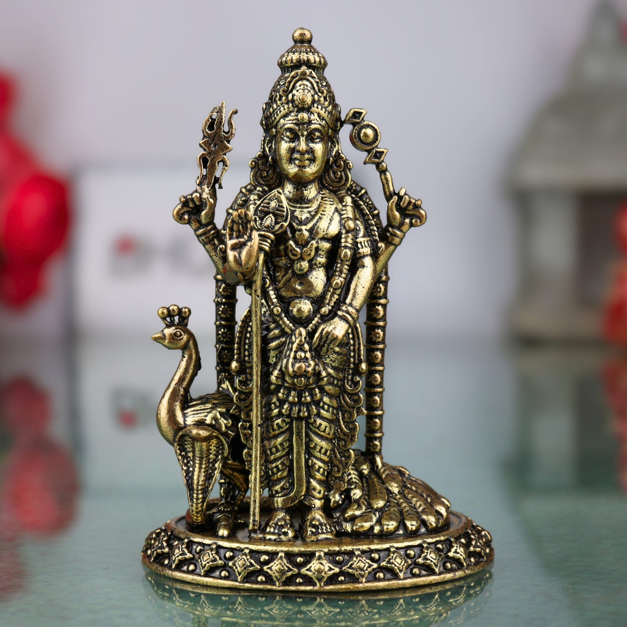 Brass Murugan Idol, Handcrafted Kartikeya, Skanda, Subramanya Miniature Murti for Pooja, Home Decor & Spiritual Gifts, Gold, 4 Inch, 1 Piece