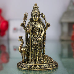 Brass Murugan Idol, Handcrafted Kartikeya, Skanda, Subramanya Miniature Murti for Pooja, Home Decor & Spiritual Gifts, Gold, 4 Inch, 1 Piece