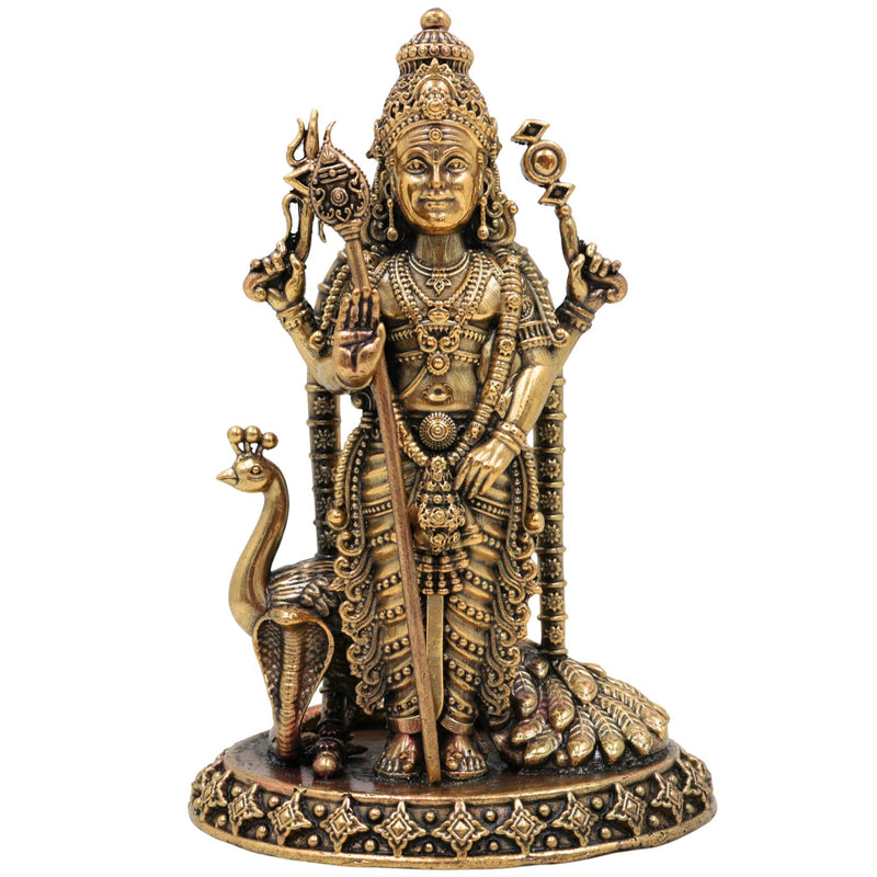 Brass Murugan Idol, Handcrafted Kartikeya, Skanda, Subramanya Miniature Murti for Pooja, Home Decor & Spiritual Gifts, Gold, 4 Inch, 1 Piece