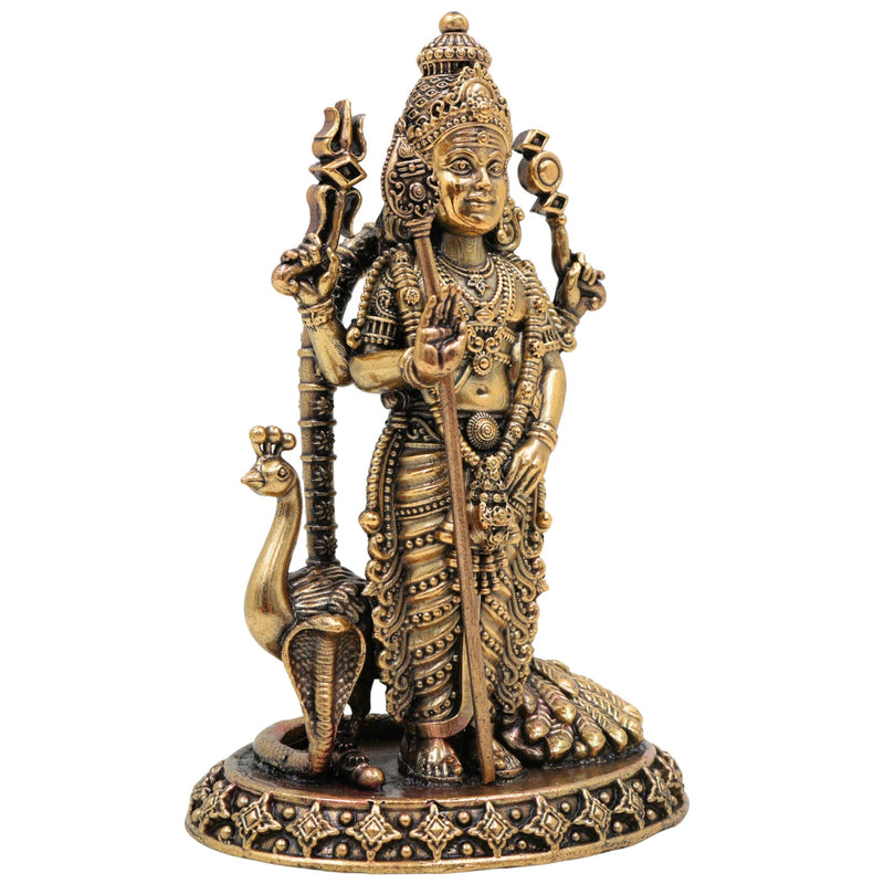 Brass Murugan Idol, Handcrafted Kartikeya, Skanda, Subramanya Miniature Murti for Pooja, Home Decor & Spiritual Gifts, Gold, 4 Inch, 1 Piece