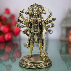 Brass Panchamukhi Hanuman Idol, Bajrangbali Murti, Anjaneya Vigraha, Maruti Statue, Hindu Deity Sculpture for Pooja & Home Decor, Gold, 6.5 Inch, 1 Piece