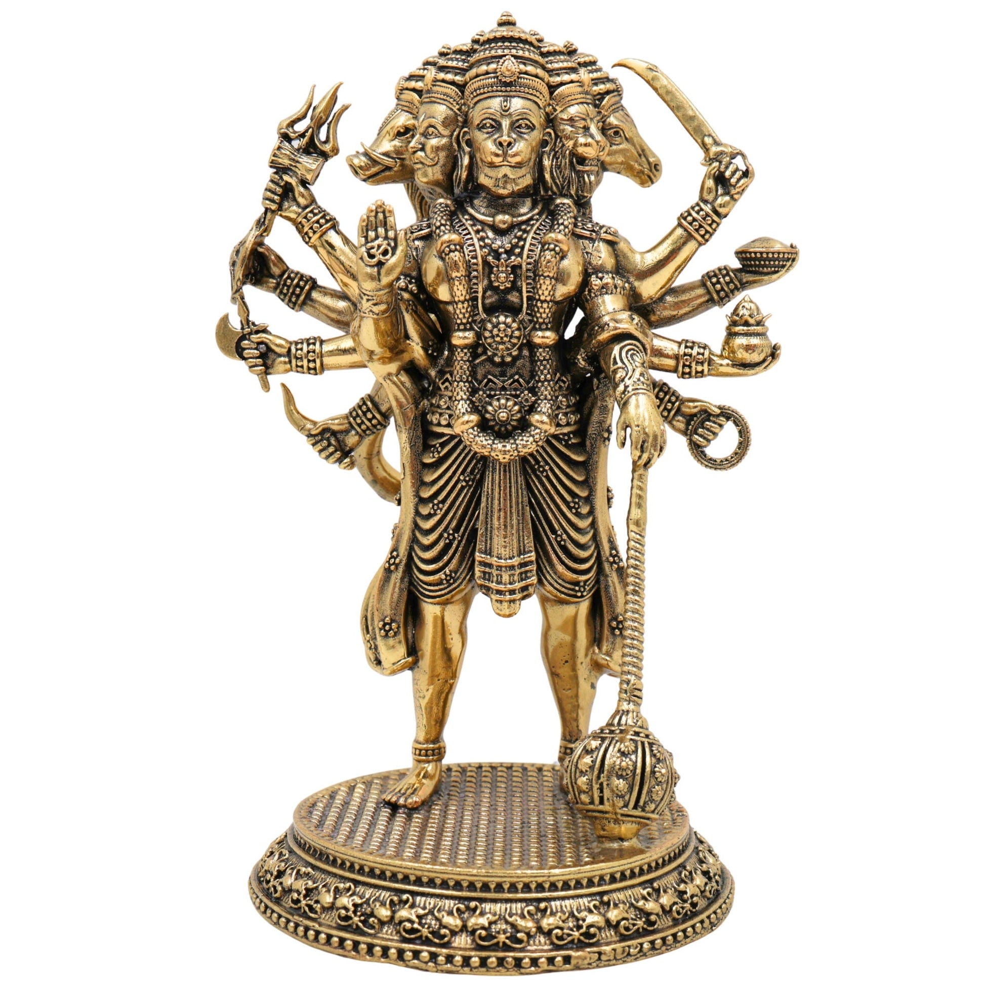 Brass Panchamukhi Hanuman Idol, Bajrangbali Murti, Anjaneya Vigraha, Maruti Statue, Hindu Deity Sculpture for Pooja & Home Decor, Gold, 6.5 Inch, 1 Piece