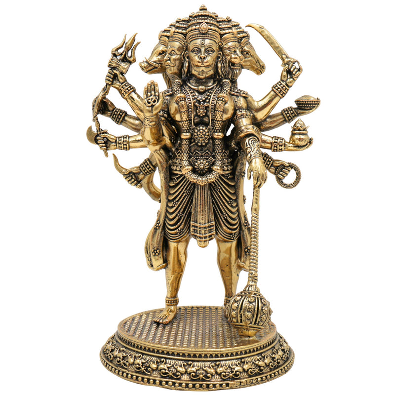 Brass Panchamukhi Hanuman Idol, Bajrangbali Murti, Anjaneya Vigraha, Maruti Statue, Hindu Deity Sculpture for Pooja & Home Decor, Gold, 6.5 Inch, 1 Piece