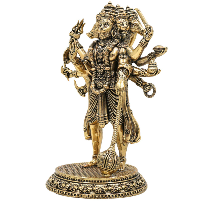 Brass Panchamukhi Hanuman Idol, Bajrangbali Murti, Anjaneya Vigraha, Maruti Statue, Hindu Deity Sculpture for Pooja & Home Decor, Gold, 6.5 Inch, 1 Piece