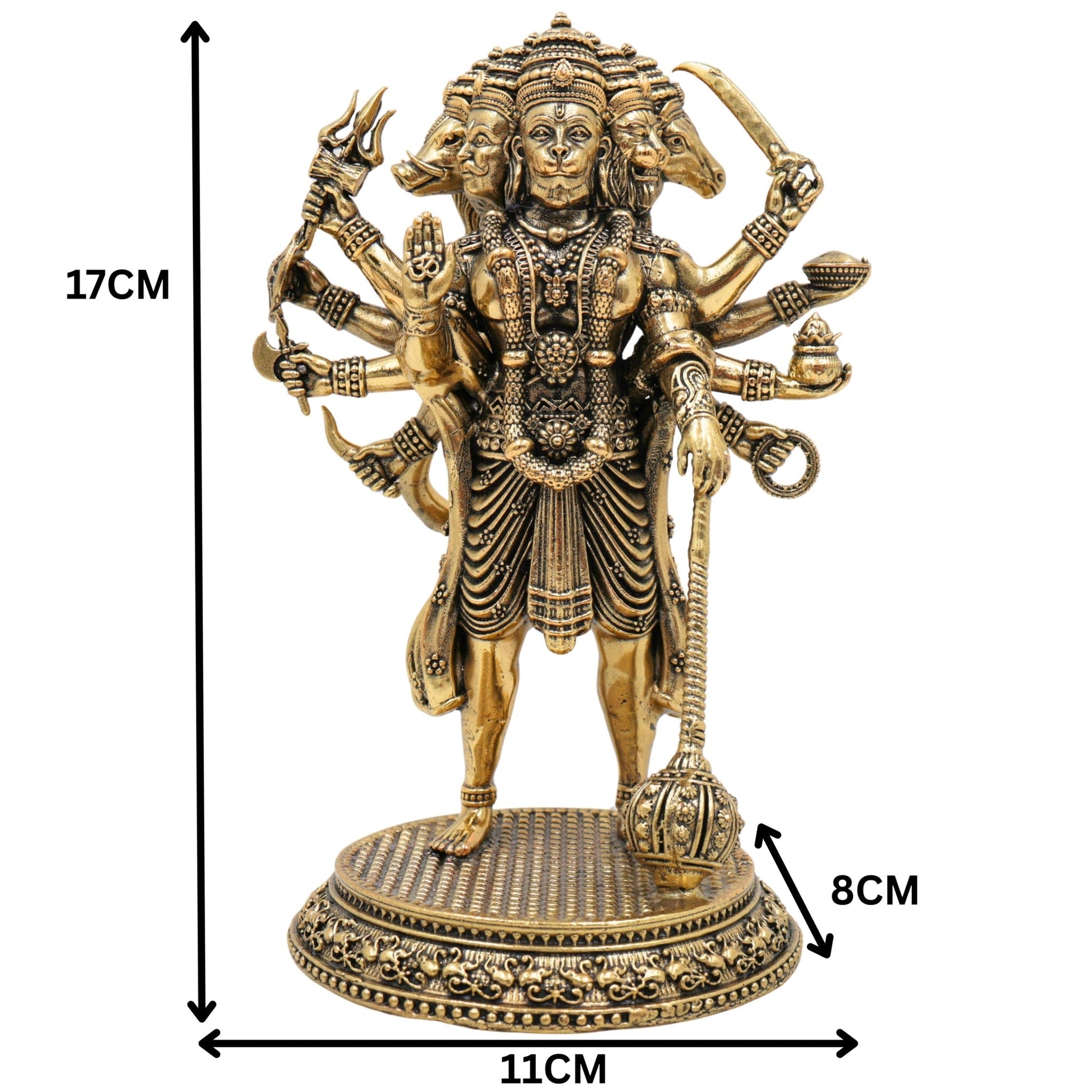 Brass Panchamukhi Hanuman Idol, Bajrangbali Murti, Anjaneya Vigraha, Maruti Statue, Hindu Deity Sculpture for Pooja & Home Decor, Gold, 6.5 Inch, 1 Piece