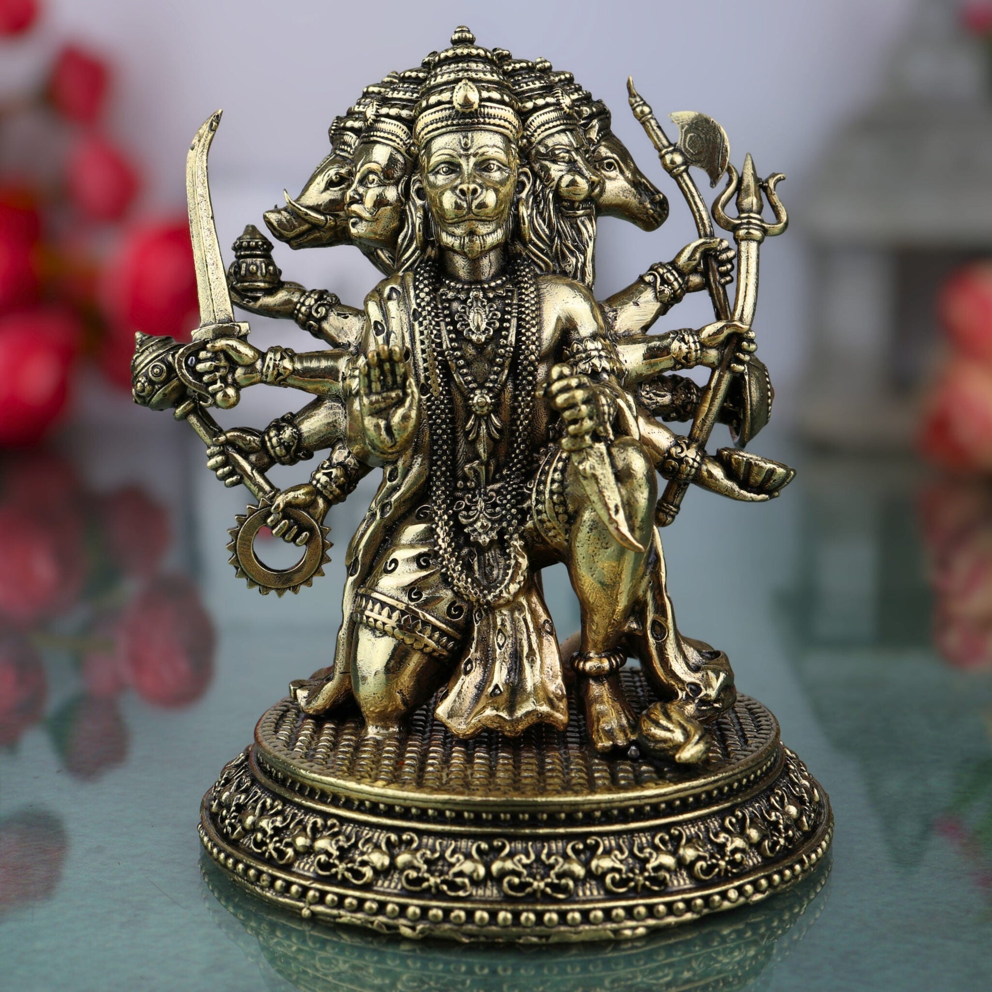Brass Panchamukhi Hanuman Idol, Anjaneya, Bajrangbali, Maruti Murti for Pooja, Temple, Home Decor, Spiritual Showpiece, Gold, 4.5 Inch, 1 Piece