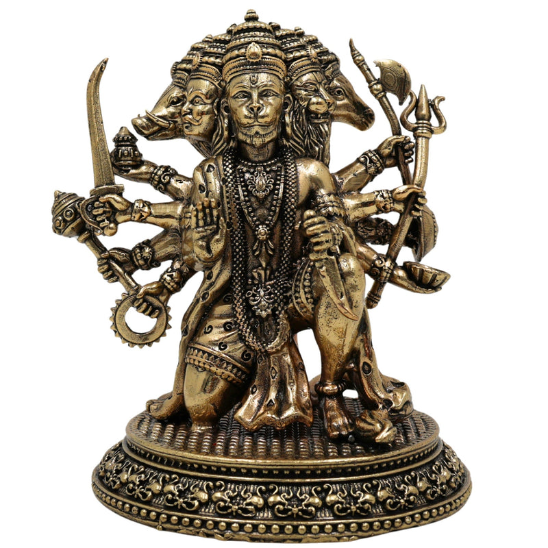 Brass Panchamukhi Hanuman Idol, Anjaneya, Bajrangbali, Maruti Murti for Pooja, Temple, Home Decor, Spiritual Showpiece, Gold, 4.5 Inch, 1 Piece