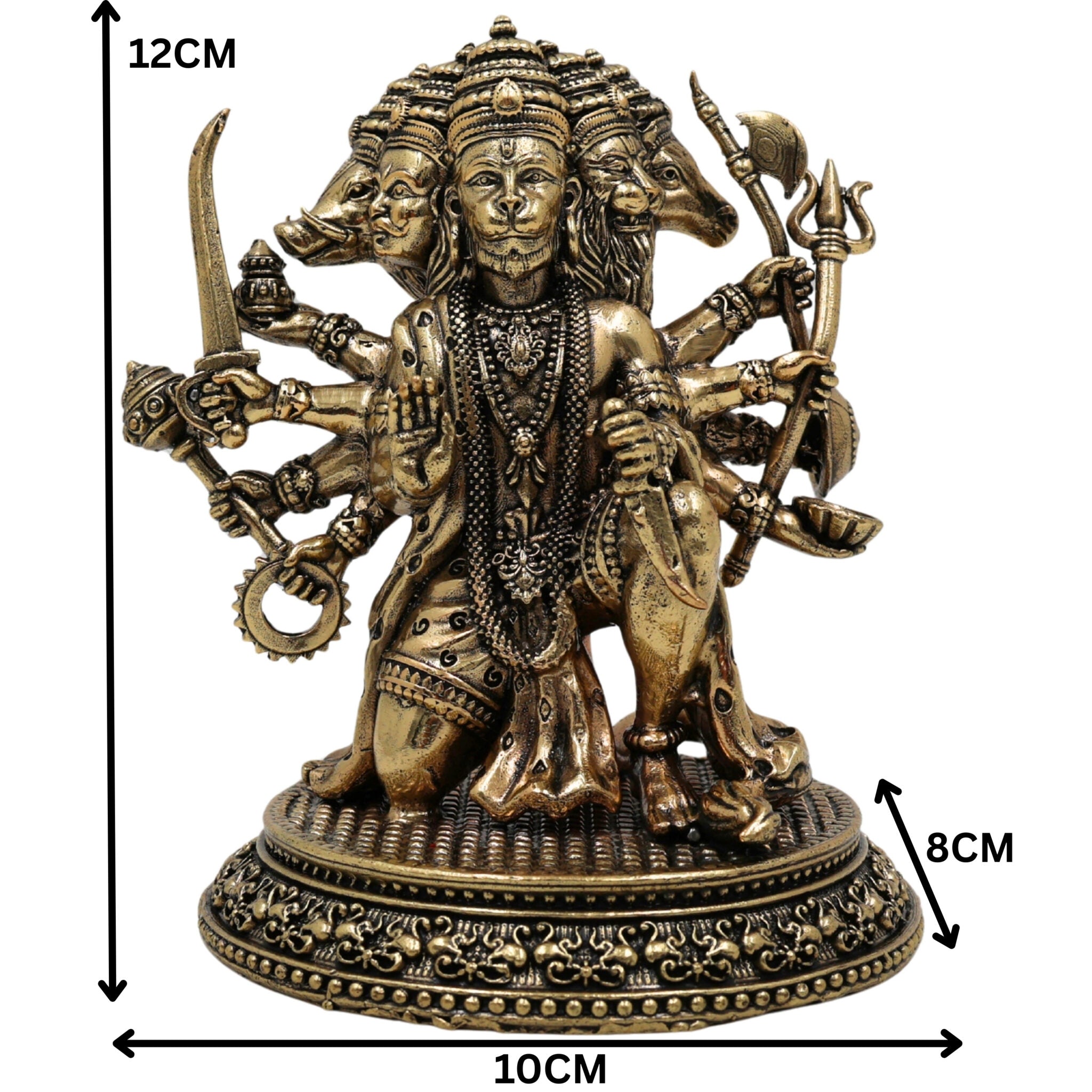 Brass Panchamukhi Hanuman Idol, Anjaneya, Bajrangbali, Maruti Murti for Pooja, Temple, Home Decor, Spiritual Showpiece, Gold, 4.5 Inch, 1 Piece