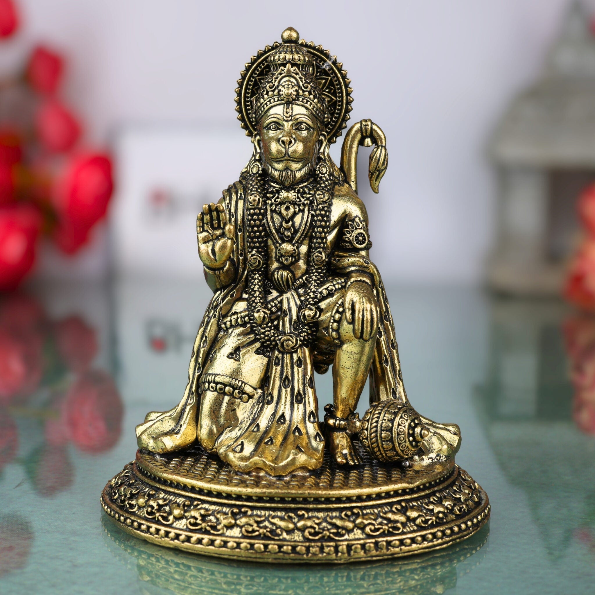 Brass Hanuman Idol, Bajrangbali, Anjaneya, Maruti, for Pooja, Home Decor, Temple Sculpture & Spiritual Gifts, Gold, 4.5 Inch, 1 Piece