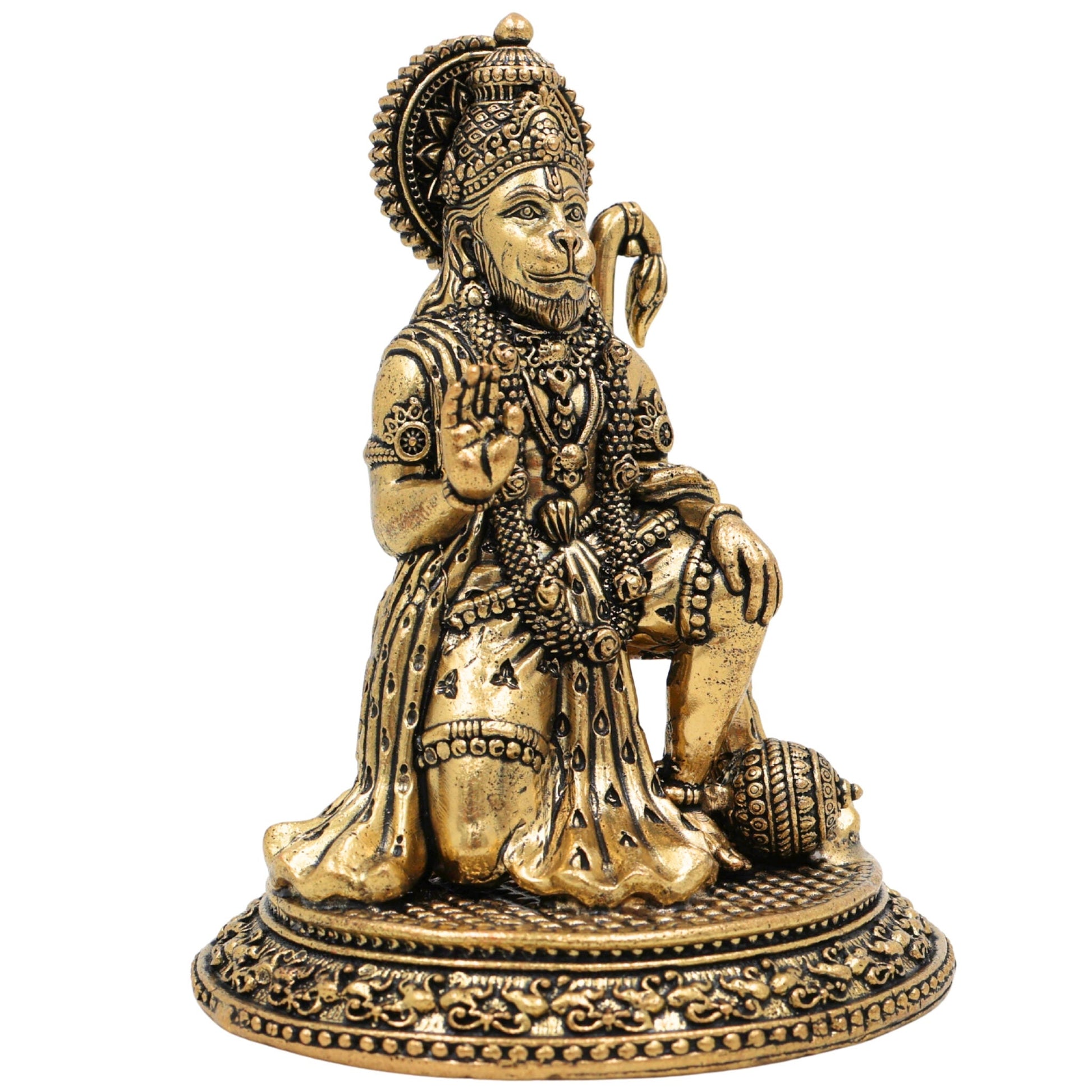 Brass Hanuman Idol, Bajrangbali, Anjaneya, Maruti, for Pooja, Home Decor, Temple Sculpture & Spiritual Gifts, Gold, 4.5 Inch, 1 Piece