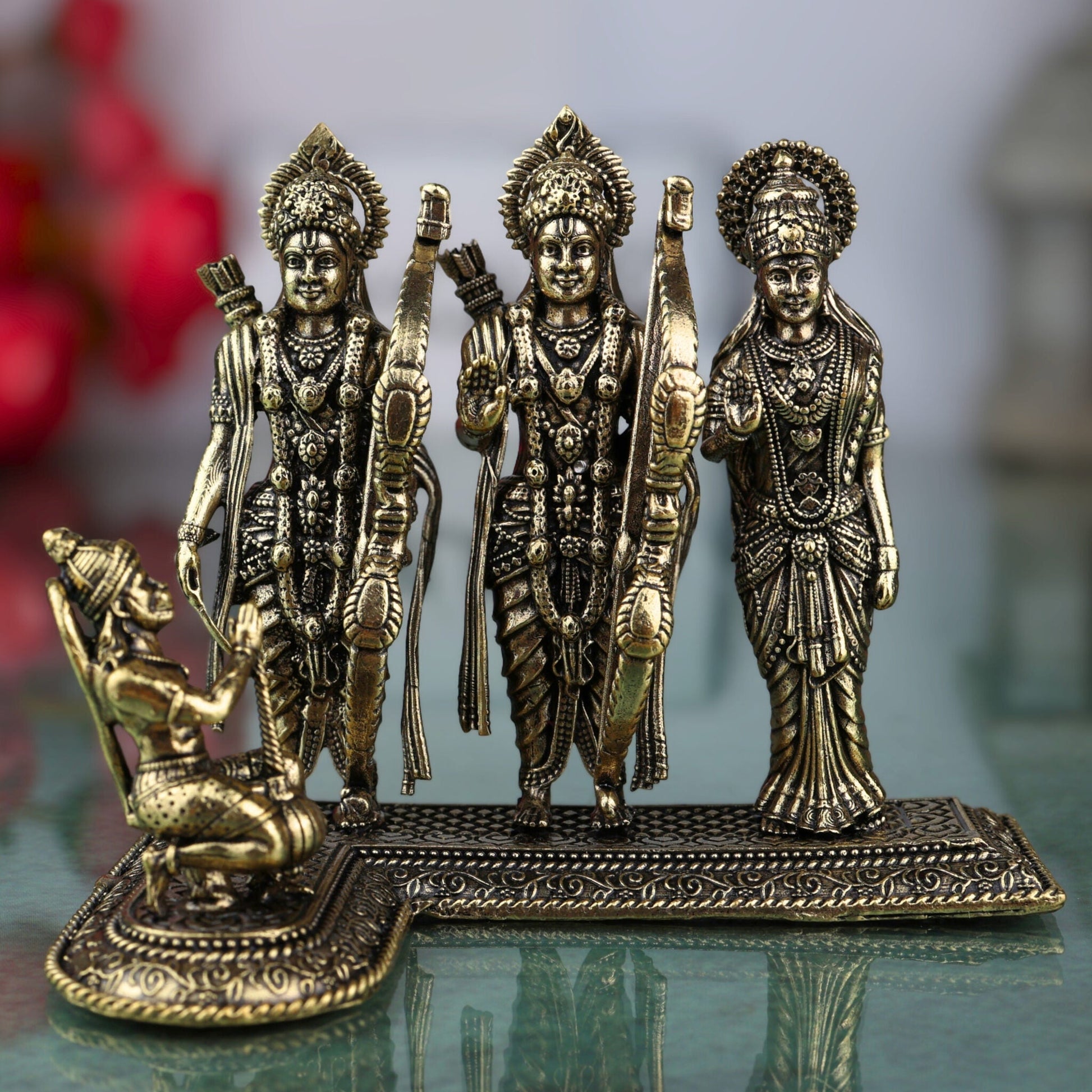 Brass Ram Darbar Idol, Shri Ram Sita Lakshman Hanuman Murti, Ram Parivar Sculpture for Puja Mandir, Home Decor & Gifting, Gold, 3 Inch, 1 Piece