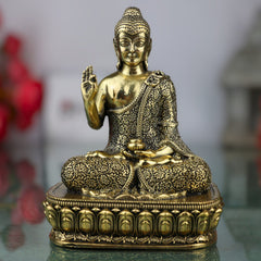 Brass Buddha Idol, Gautam Buddha Murti, Shakyamuni Statue, Meditating & Sitting Buddha Pratima for Pooja, Home Decor, Gifts, Gold, 4.5 Inch, 1 Piece