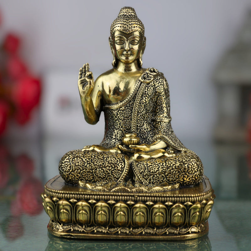 Brass Buddha Idol, Gautam Buddha Murti, Shakyamuni Statue, Meditating & Sitting Buddha Pratima for Pooja, Home Decor, Gifts, Gold, 4.5 Inch, 1 Piece