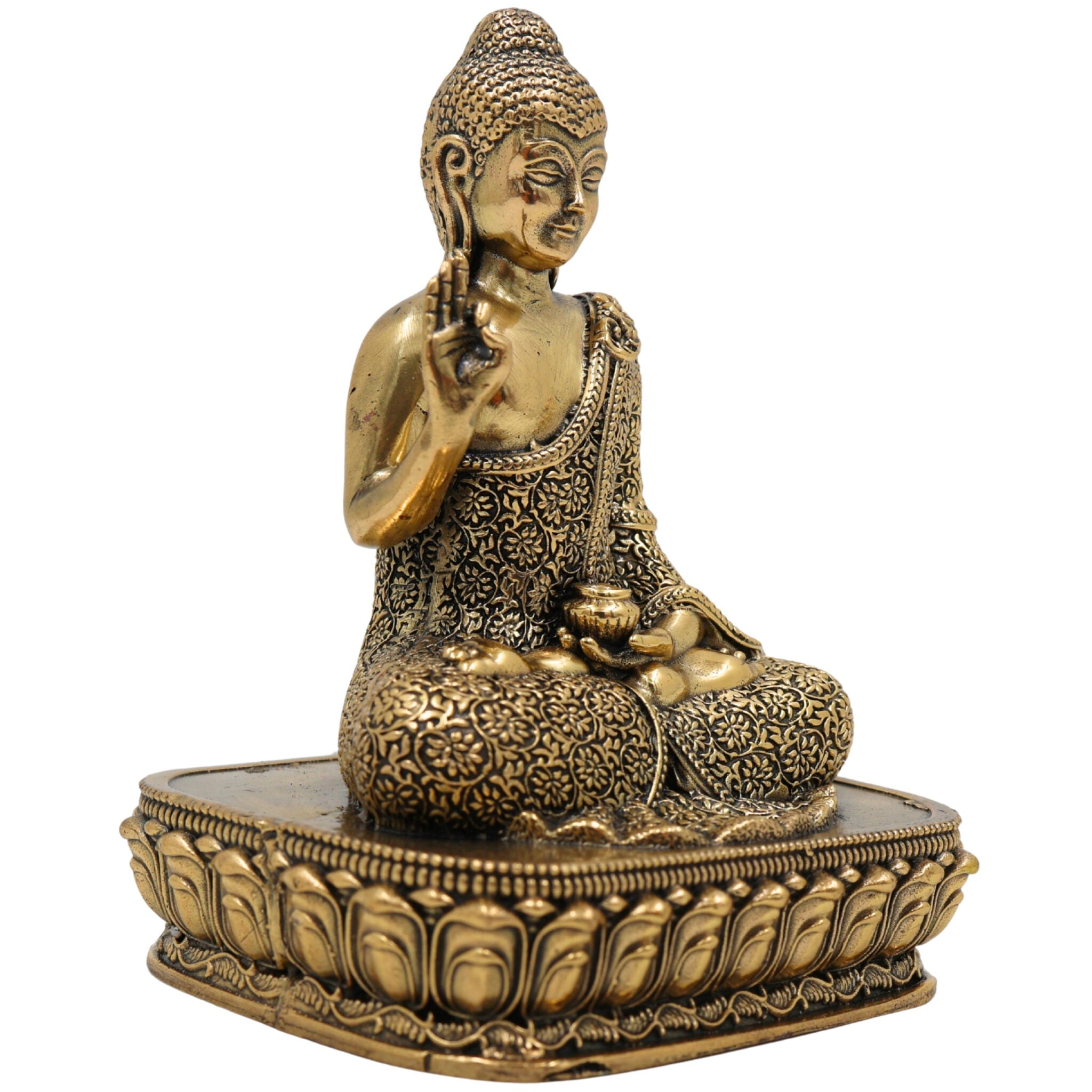 Brass Buddha Idol, Gautam Buddha Murti, Shakyamuni Statue, Meditating & Sitting Buddha Pratima for Pooja, Home Decor, Gifts, Gold, 4.5 Inch, 1 Piece