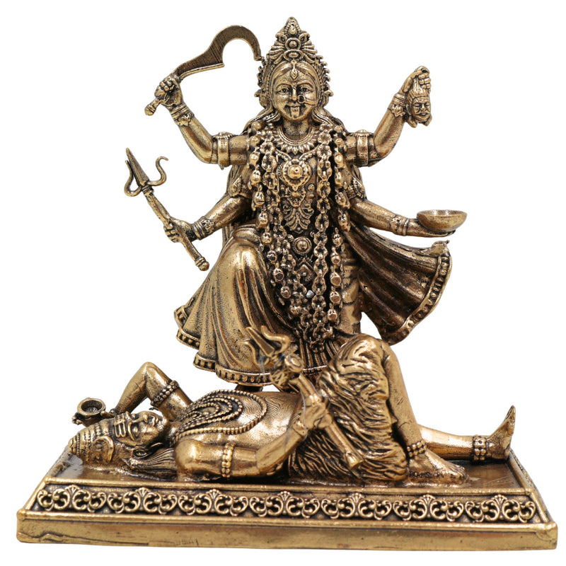 Brass Maha Kali Idol, Handcrafted Mahakali Murti, Kali Maa Sculpture, Bhadrakali Vigraha, Dakshinakali Statue for Pooja & Home Temple Decor, Gold, 4 Inch, 1 Piece