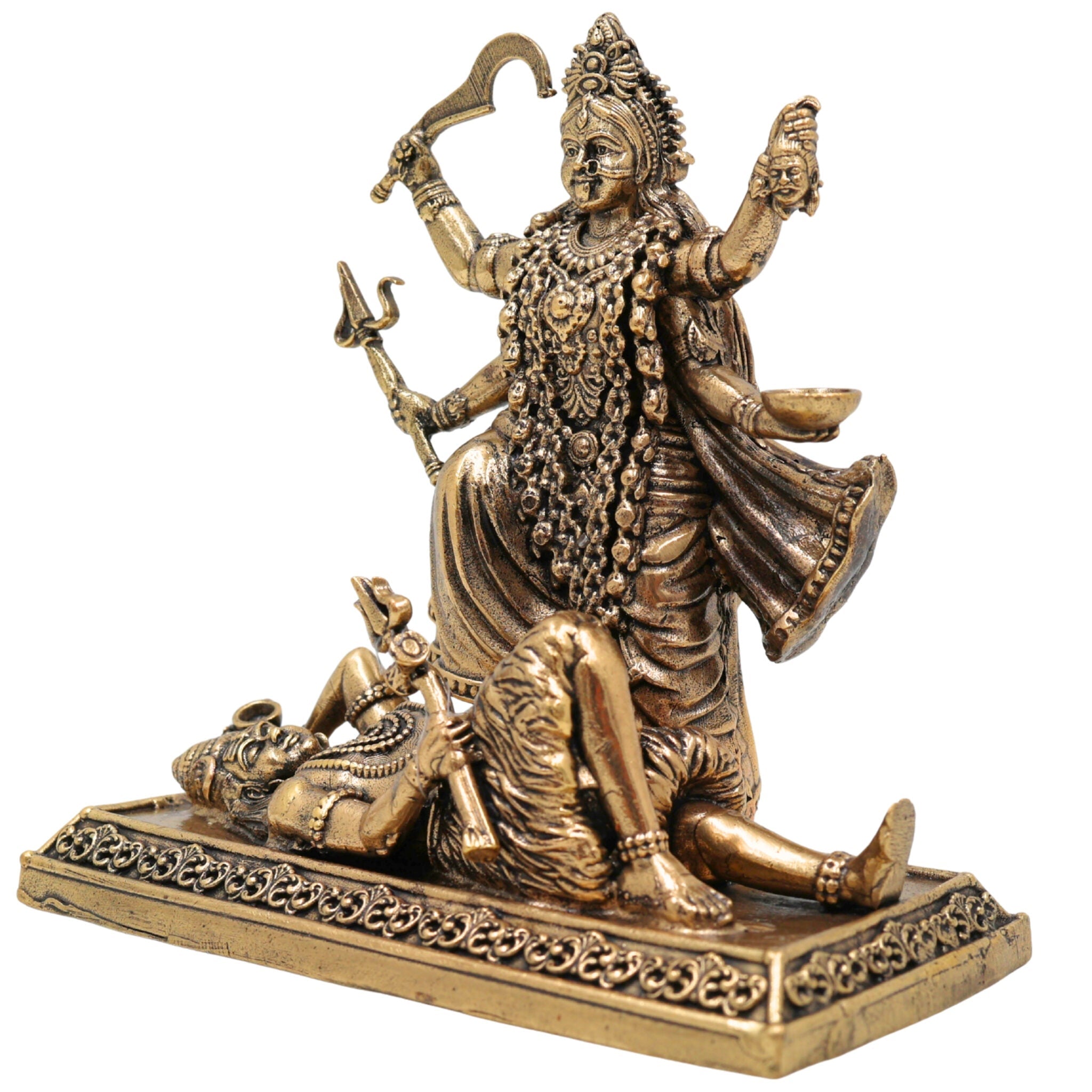 Brass Maha Kali Idol, Handcrafted Mahakali Murti, Kali Maa Sculpture, Bhadrakali Vigraha, Dakshinakali Statue for Pooja & Home Temple Decor, Gold, 4 Inch, 1 Piece