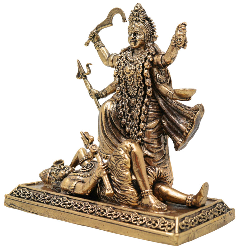 Brass Maha Kali Idol, Handcrafted Mahakali Murti, Kali Maa Sculpture, Bhadrakali Vigraha, Dakshinakali Statue for Pooja & Home Temple Decor, Gold, 4 Inch, 1 Piece