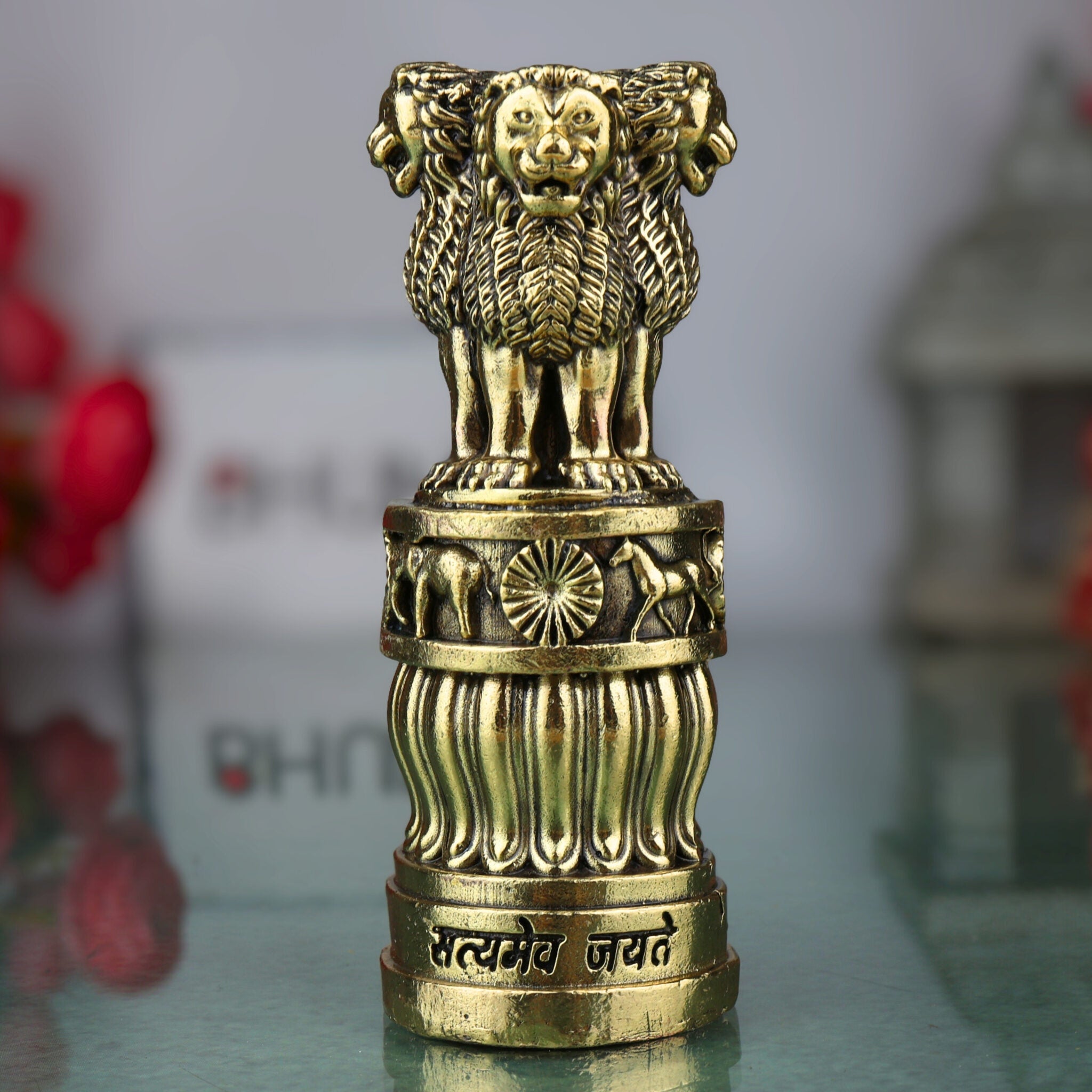 Brass Ashoka Pillar Idol, Sarnath Lion Capital Stambh Sculpture, National Emblem of India, Ashok Stambh Home Decor & Pooja Showpiece, Gold, 4 Inch, 1 Piece