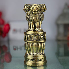 Brass Ashoka Pillar Idol, Sarnath Lion Capital Stambh Sculpture, National Emblem of India, Ashok Stambh Home Decor & Pooja Showpiece, Gold, 4 Inch, 1 Piece