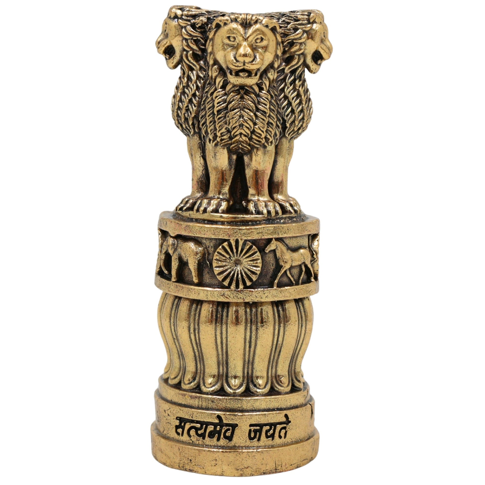 Brass Ashoka Pillar Idol, Sarnath Lion Capital Stambh Sculpture, National Emblem of India, Ashok Stambh Home Decor & Pooja Showpiece, Gold, 4 Inch, 1 Piece