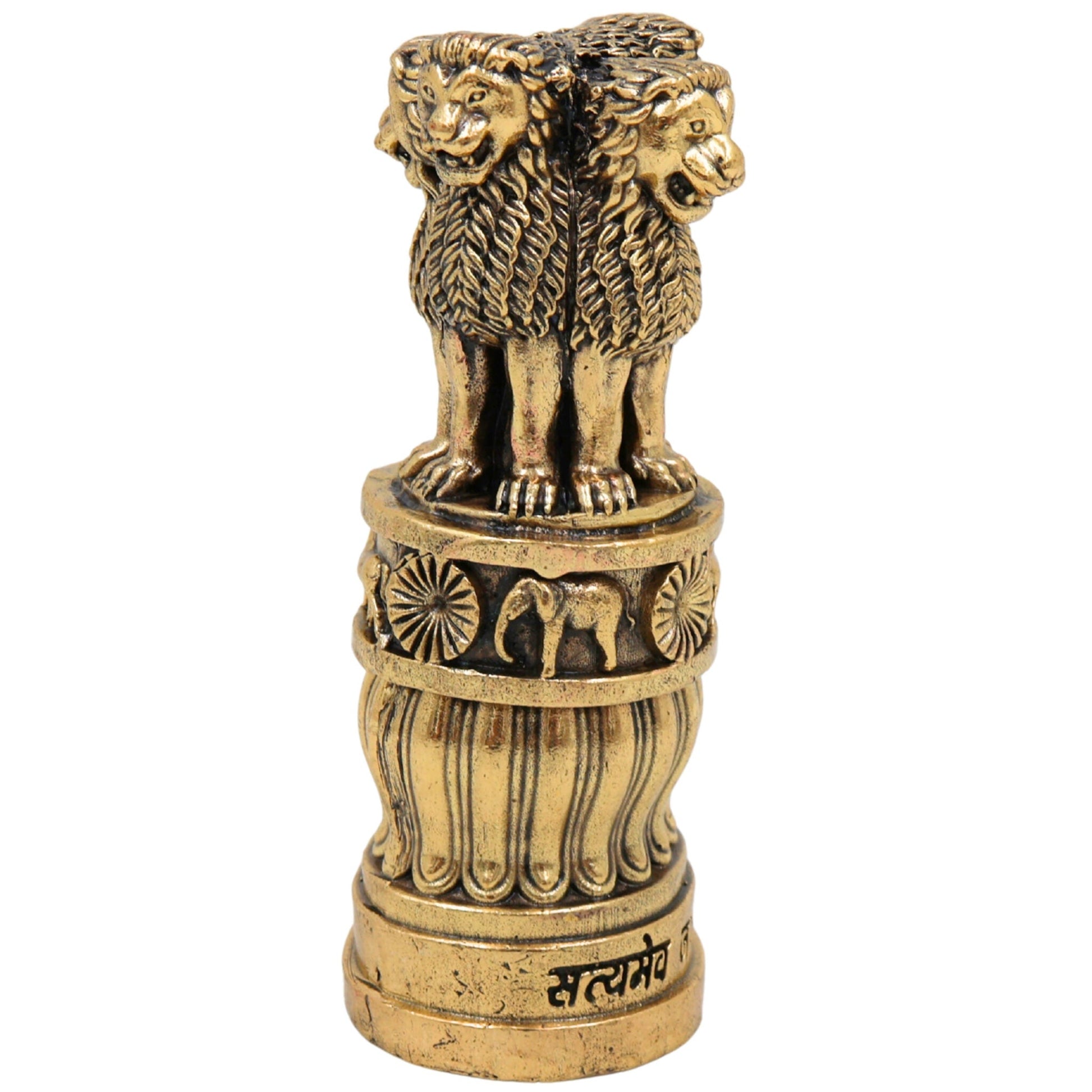Brass Ashoka Pillar Idol, Sarnath Lion Capital Stambh Sculpture, National Emblem of India, Ashok Stambh Home Decor & Pooja Showpiece, Gold, 4 Inch, 1 Piece