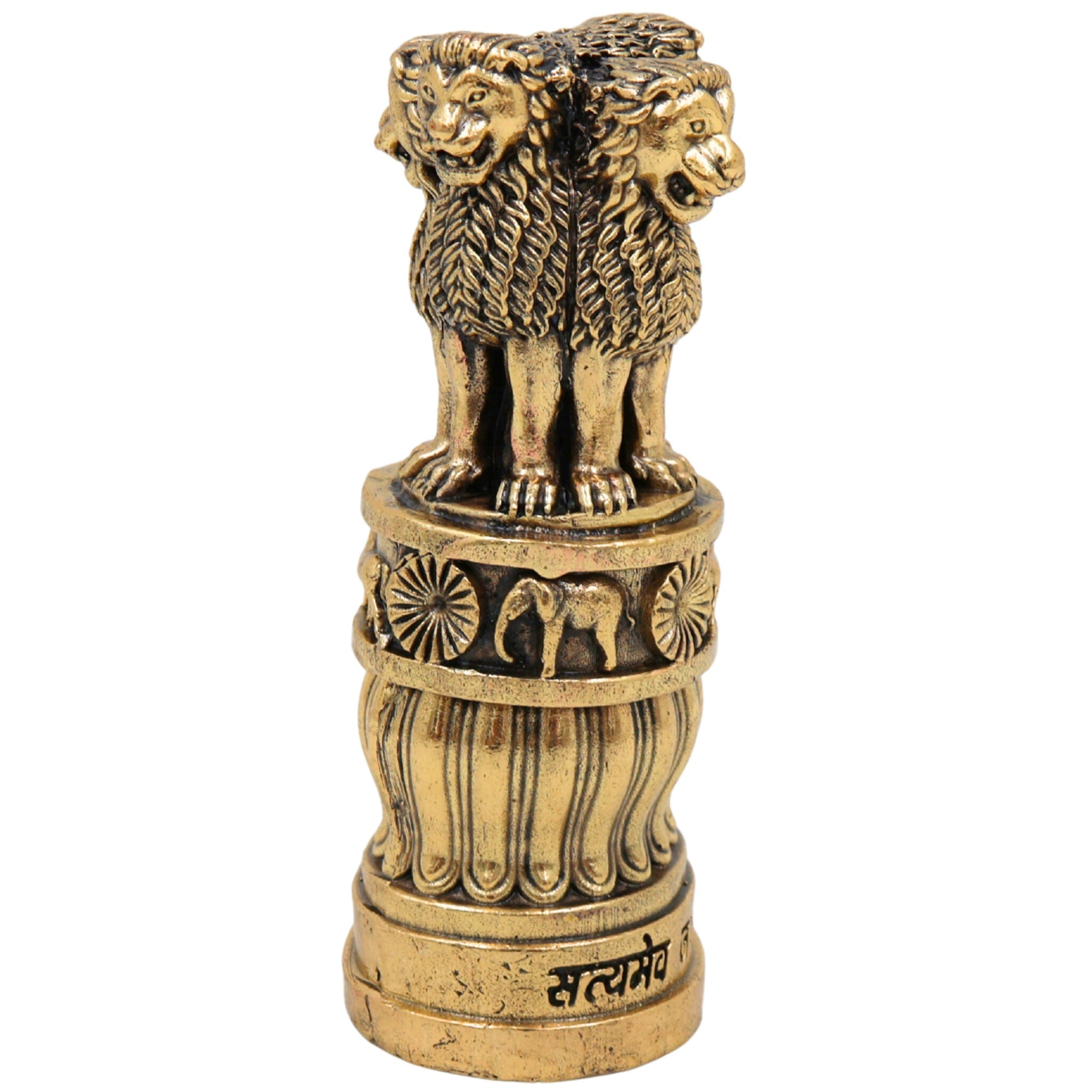Brass Ashoka Pillar Idol, Sarnath Lion Capital Stambh Sculpture, National Emblem of India, Ashok Stambh Home Decor & Pooja Showpiece, Gold, 4 Inch, 1 Piece