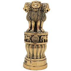 Brass Ashoka Pillar Idol, Sarnath Lion Capital Stambh Sculpture, National Emblem of India, Ashok Stambh Home Decor & Pooja Showpiece, Gold, 4 Inch, 1 Piece