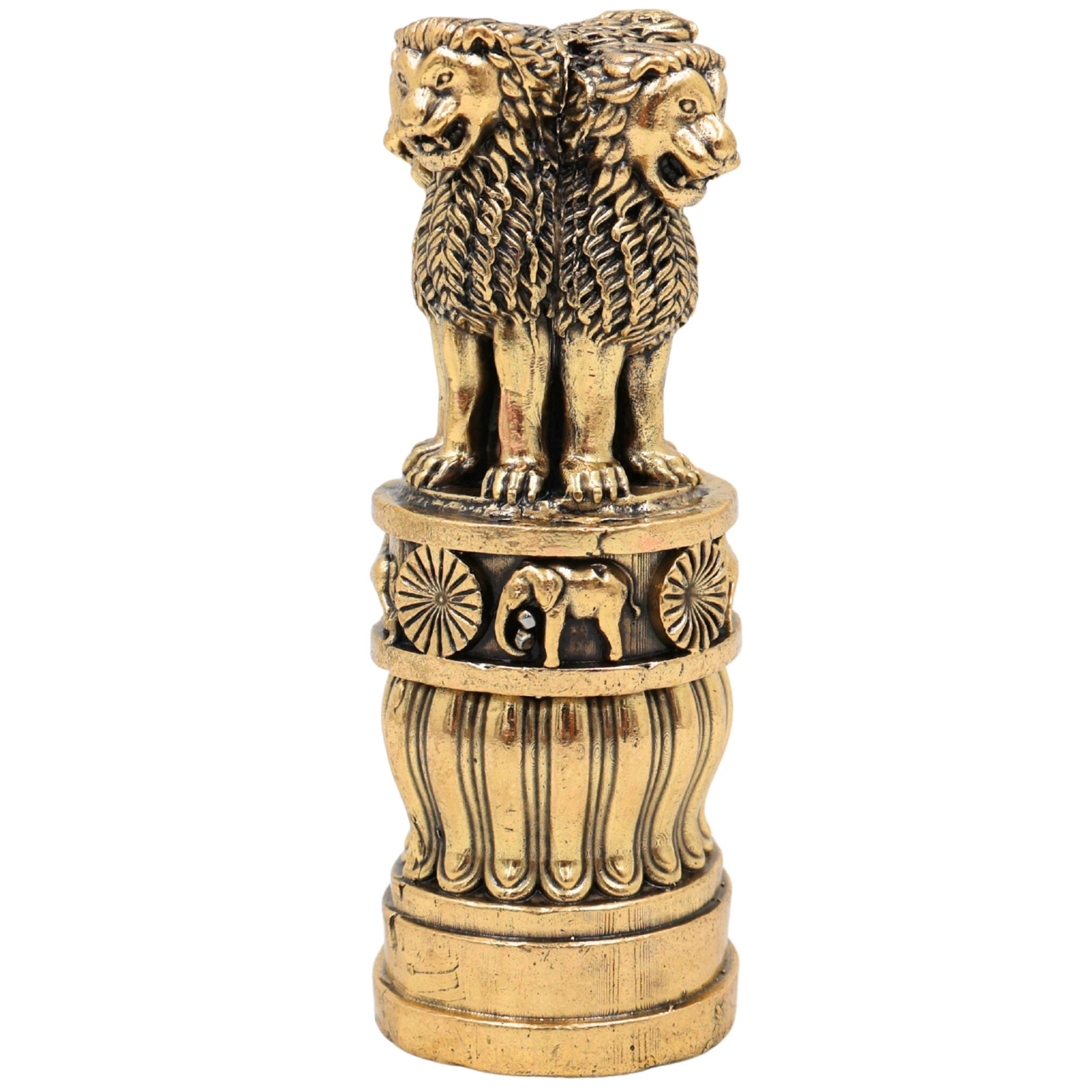 Brass Ashoka Pillar Idol, Sarnath Lion Capital Stambh Sculpture, National Emblem of India, Ashok Stambh Home Decor & Pooja Showpiece, Gold, 4 Inch, 1 Piece