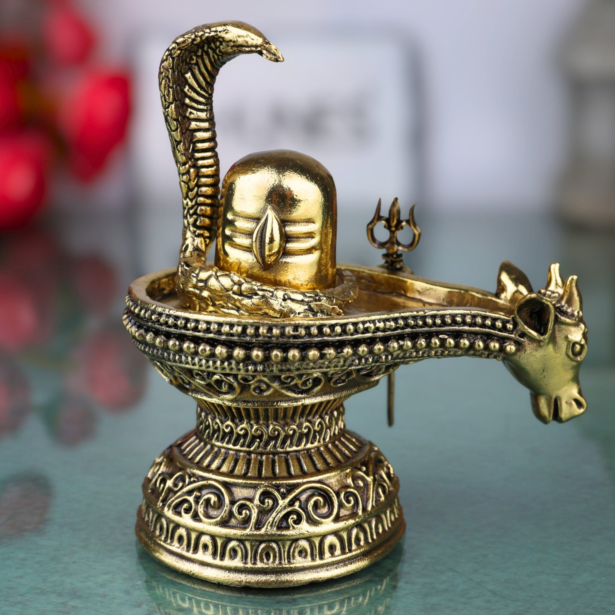 Brass Shiv Lingam Idol, Handcrafted Shivalinga Murti, Shiva Ling Statue, Mahalingam, Rudralinga for Pooja, Home Temple & Spiritual Decor, Gold, 4 Inch, 1 Piece