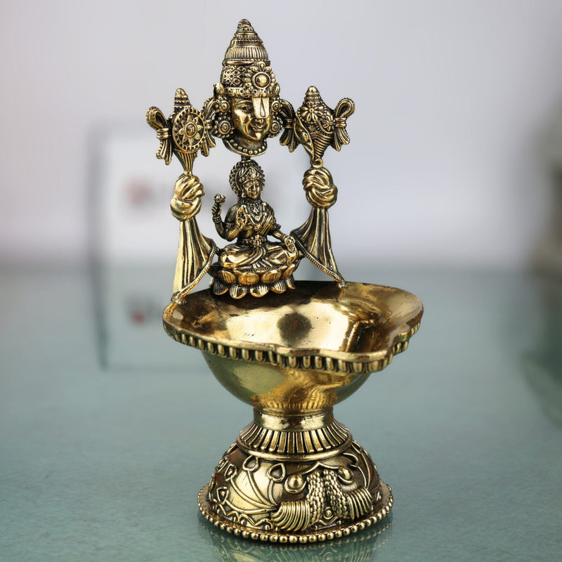 Brass Lakshmi Balaji Lamp/Deepam Idol, Handcrafted Peetal/Pittal Miniature Oil Lamp, Traditional Temple Diya for Pooja & Home Decor, Gold, 5 Inch, 1 Piece