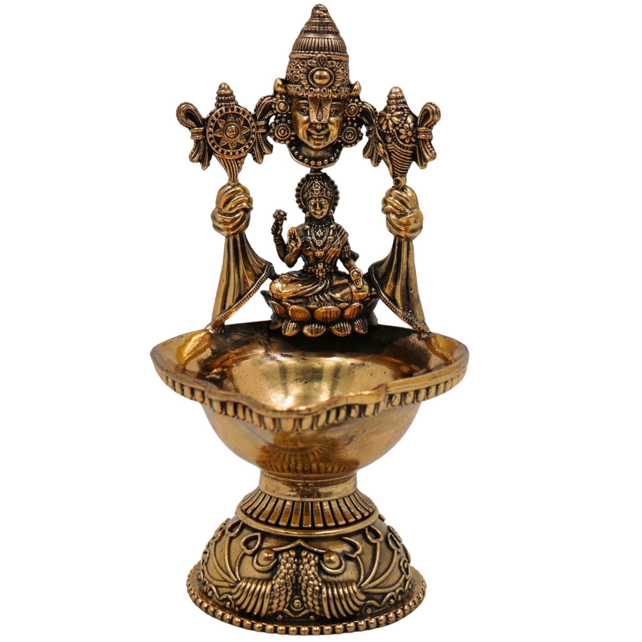 Brass Lakshmi Balaji Lamp/Deepam Idol, Handcrafted Peetal/Pittal Miniature Oil Lamp, Traditional Temple Diya for Pooja & Home Decor, Gold, 5 Inch, 1 Piece