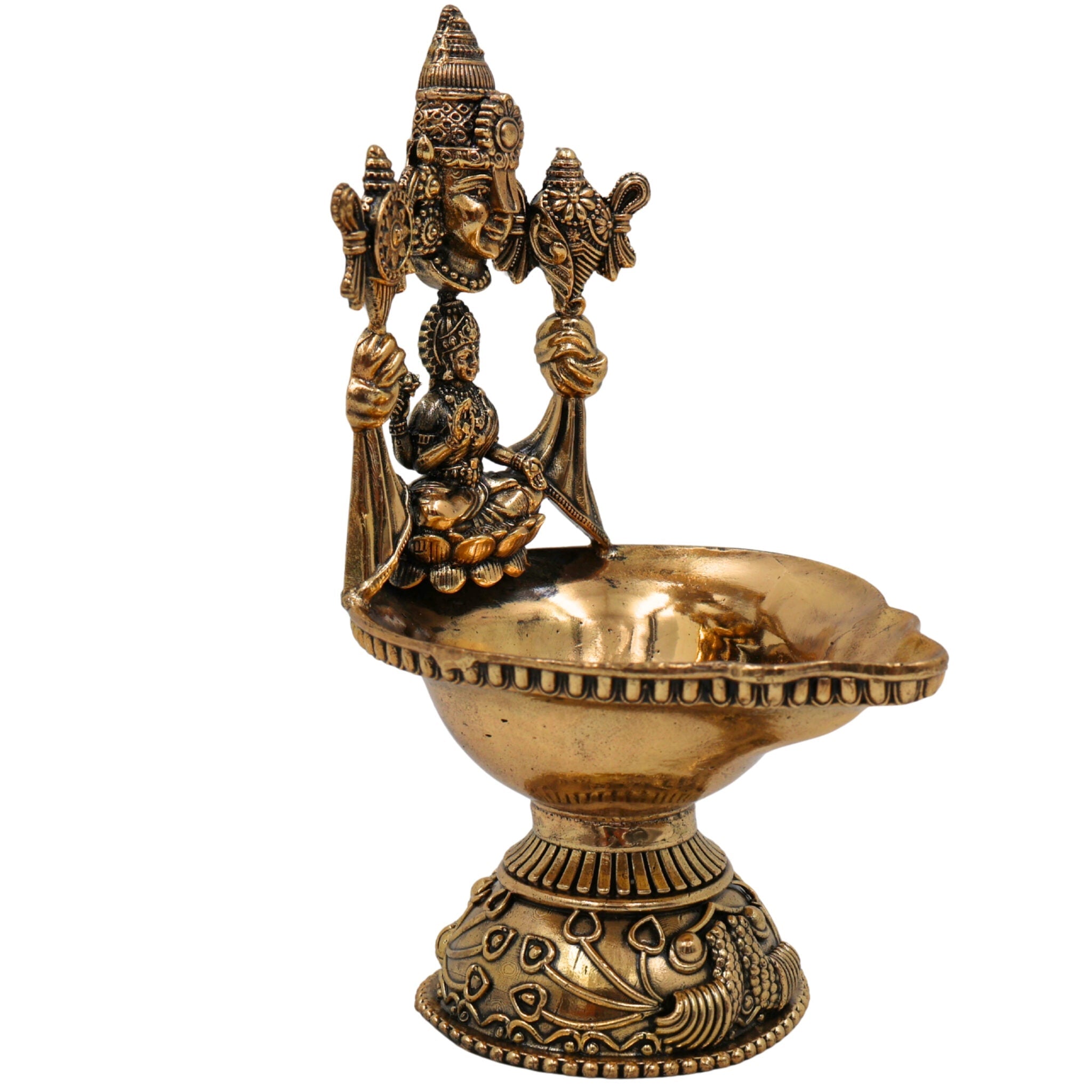 Brass Lakshmi Balaji Lamp/Deepam Idol, Handcrafted Peetal/Pittal Miniature Oil Lamp, Traditional Temple Diya for Pooja & Home Decor, Gold, 5 Inch, 1 Piece