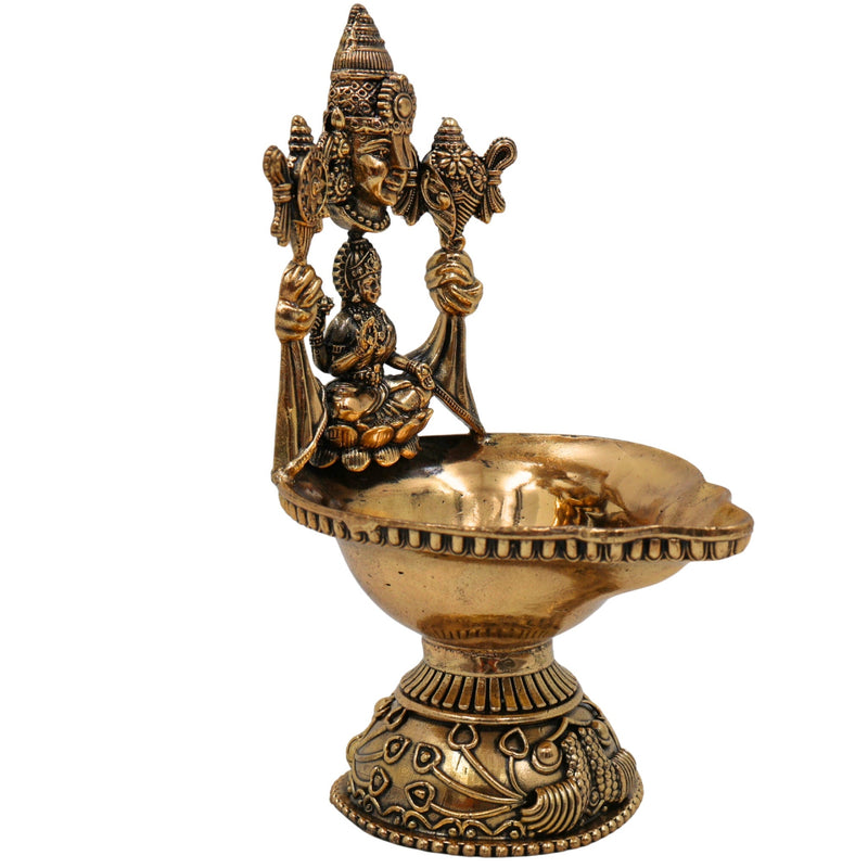 Brass Lakshmi Balaji Lamp/Deepam Idol, Handcrafted Peetal/Pittal Miniature Oil Lamp, Traditional Temple Diya for Pooja & Home Decor, Gold, 5 Inch, 1 Piece