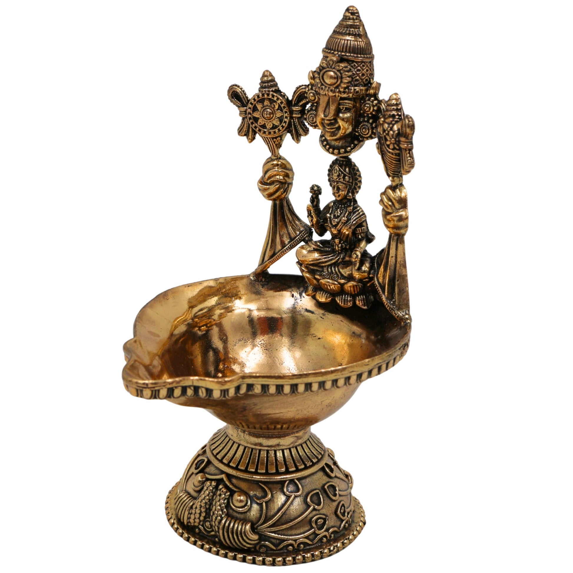Brass Lakshmi Balaji Lamp/Deepam Idol, Handcrafted Peetal/Pittal Miniature Oil Lamp, Traditional Temple Diya for Pooja & Home Decor, Gold, 5 Inch, 1 Piece