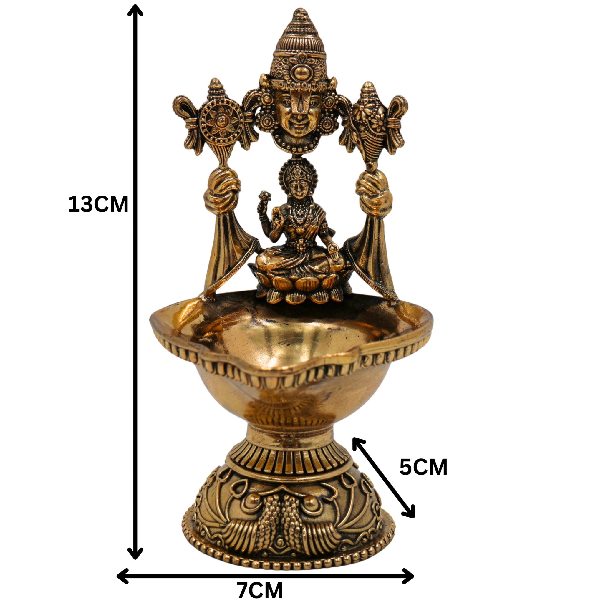 Brass Lakshmi Balaji Lamp/Deepam Idol, Handcrafted Peetal/Pittal Miniature Oil Lamp, Traditional Temple Diya for Pooja & Home Decor, Gold, 5 Inch, 1 Piece