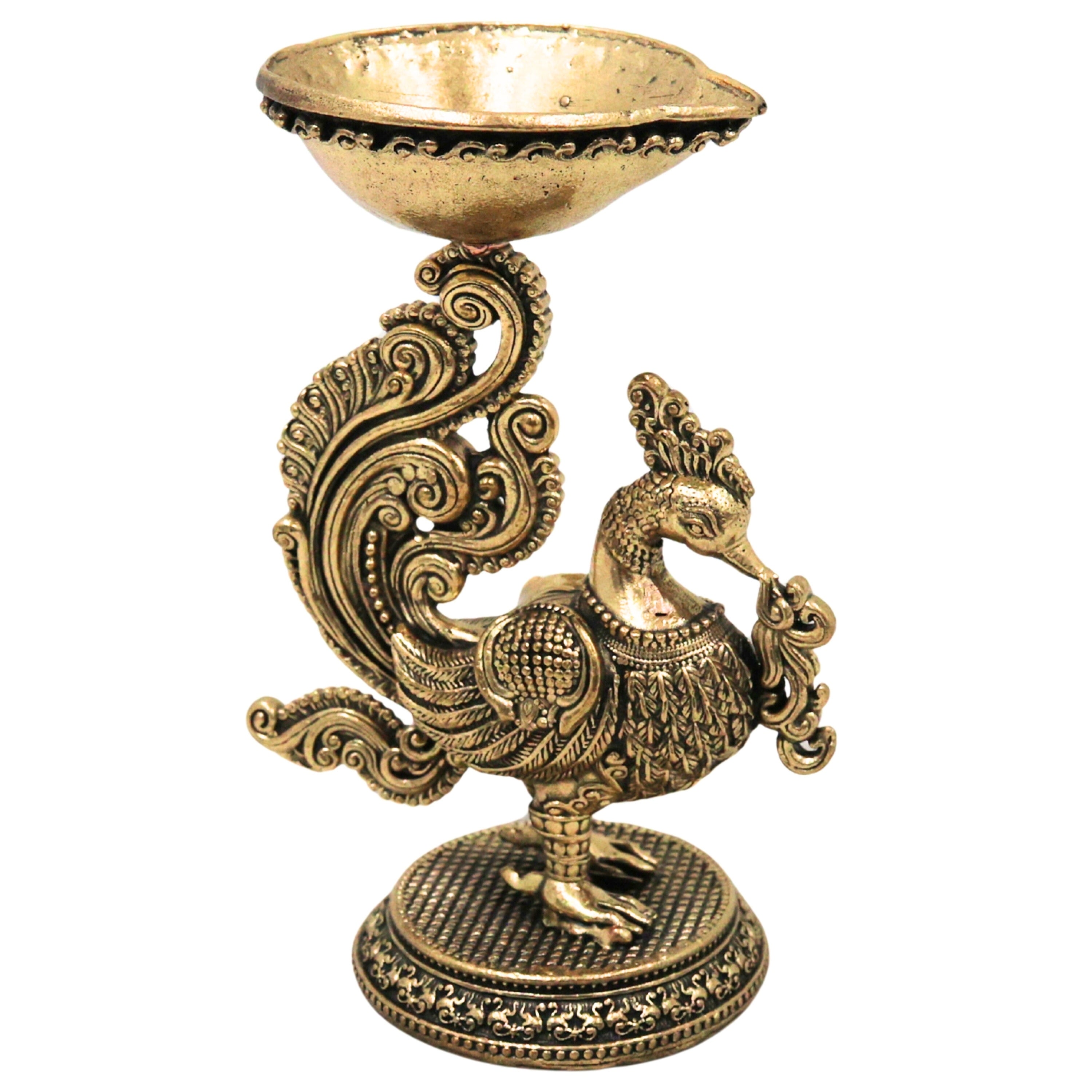 Brass Peacock Lamp Idol Mayil Vilakku Mayur Deepam Mor Diya Peacock Kuthu Vilakku Pital Peetal Pittala Traditional Pooja Deepam for Mandir Decor, Gold, 3.5 Inch, 1 Piece