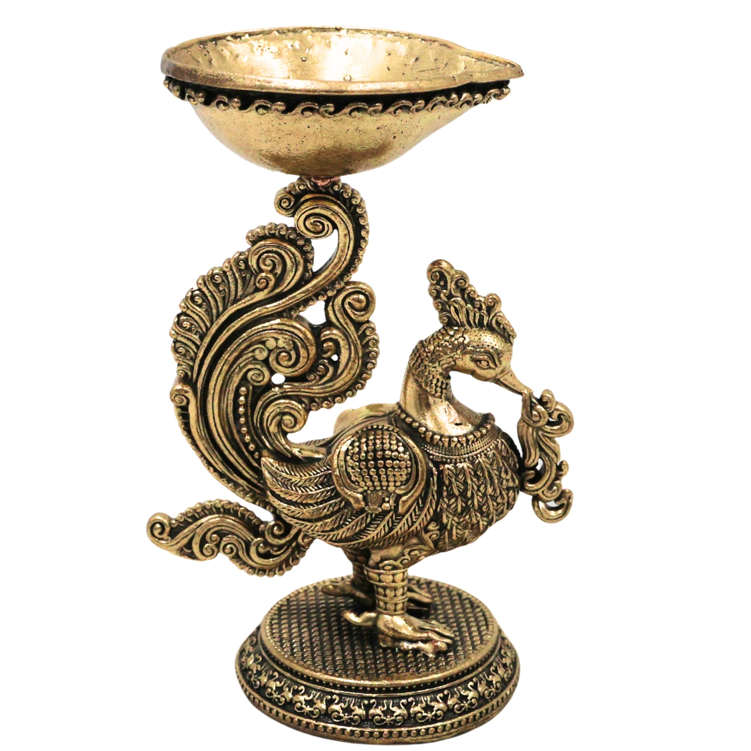 Brass Peacock Lamp Idol Mayil Vilakku Mayur Deepam Mor Diya Peacock Kuthu Vilakku Pital Peetal Pittala Traditional Pooja Deepam for Mandir Decor, Gold, 3.5 Inch, 1 Piece