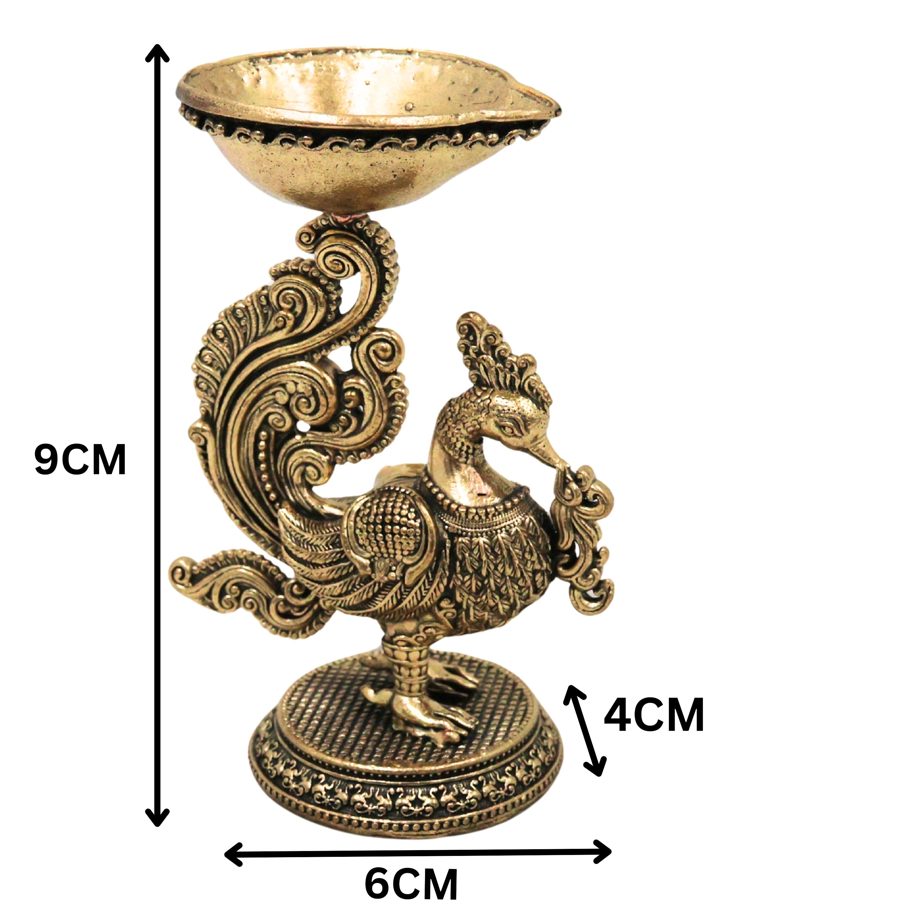 Brass Peacock Lamp Idol Mayil Vilakku Mayur Deepam Mor Diya Peacock Kuthu Vilakku Pital Peetal Pittala Traditional Pooja Deepam for Mandir Decor, Gold, 3.5 Inch, 1 Piece