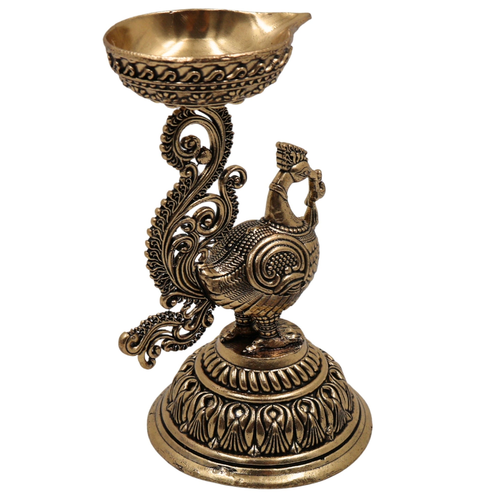 Brass Peacock Diya | Mayura Deepam | Mor Pankh Oil Lamp | Traditional Peacock Vilakku | Temple Pooja Lamp | Festival Decorative Deepak | Handcrafted Brass Mor Deepak, Gold, 4.5 Inch, 1 Piece