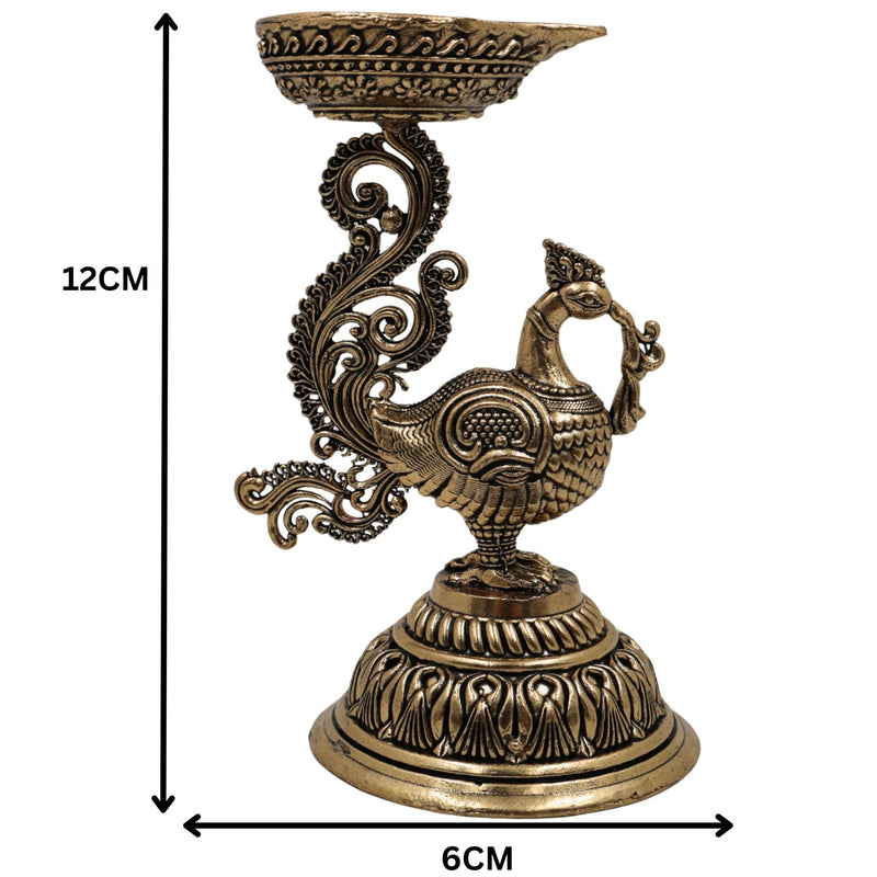 Brass Peacock Diya | Mayura Deepam, Mor Pankh Diya, Mayil Vilakku | Handcrafted Temple Oil Lamp for Puja, Festival, Wedding Decor, Gold, 4.5 Inch, 2 Piece